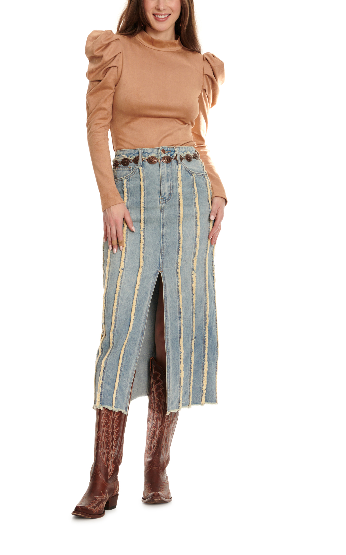 Blue B Women's Light Wash Frayed Seam Stripes Maxi Slit Front Skirt  - Image 1