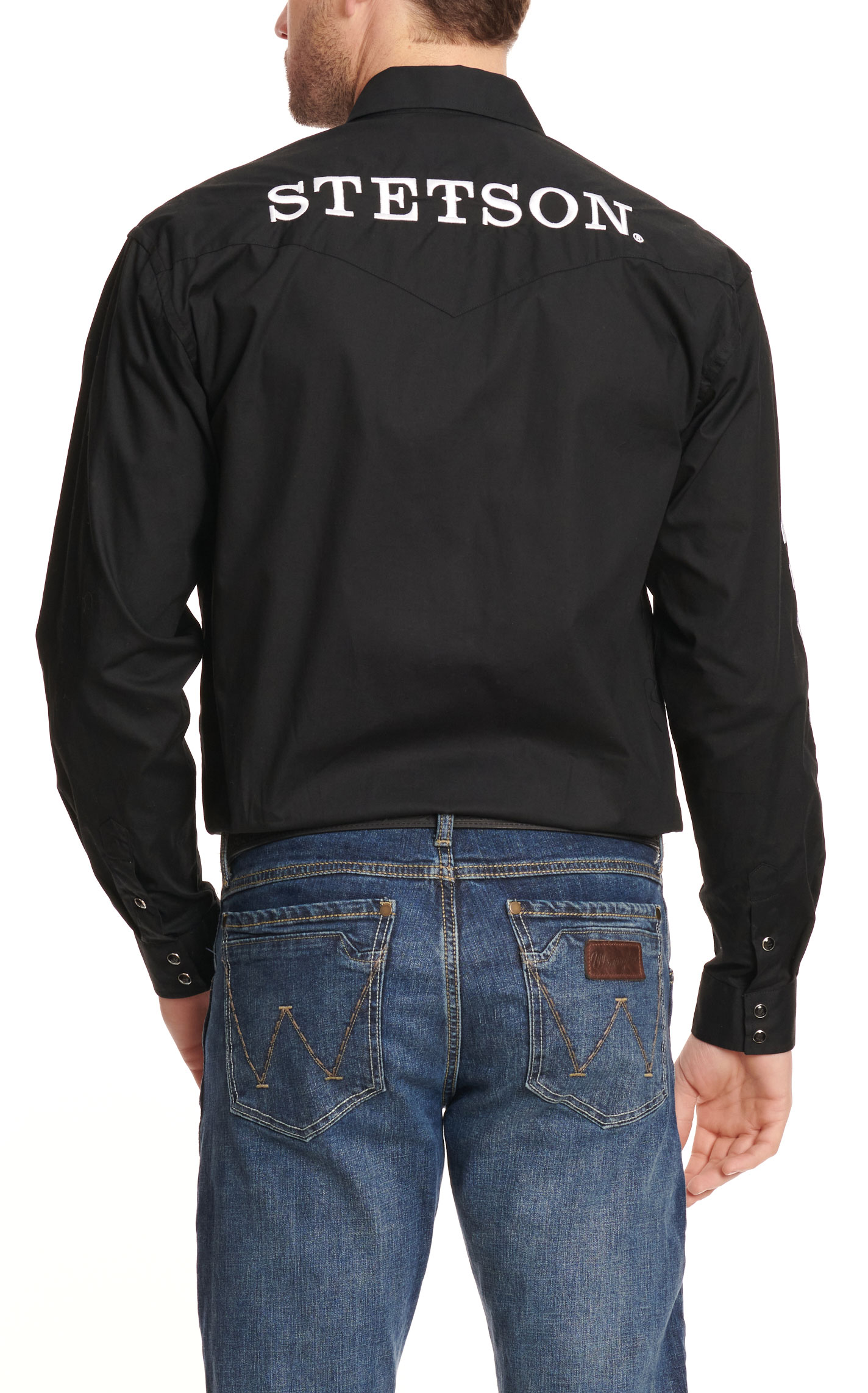 Stetson Men's Black with White Embroidery Logo Long Sleeve Western Shirt - Image 1