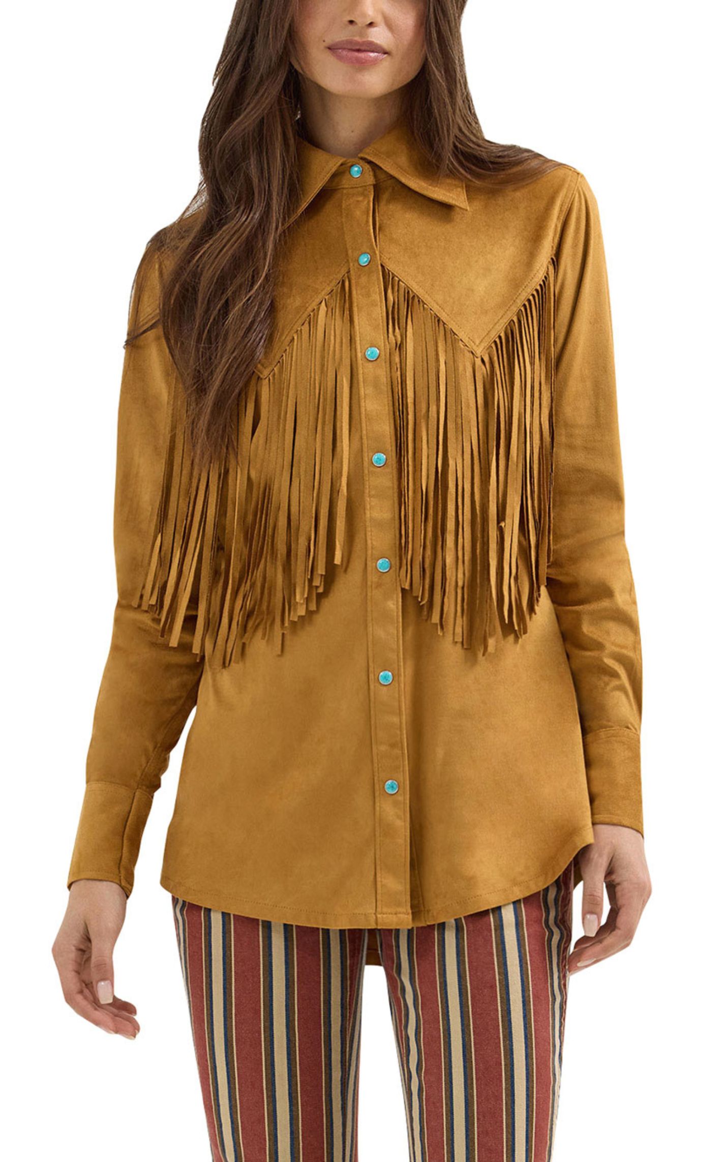 Wrangler & Lainey Wilson Women's Caramel Faux Suede Fringed Top - Image 1