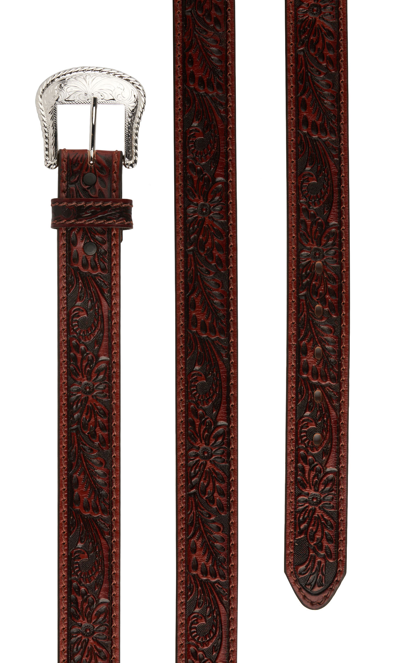 Tony Lama Men's Cognac Brown Floral Tooled Western Belt - Image 1