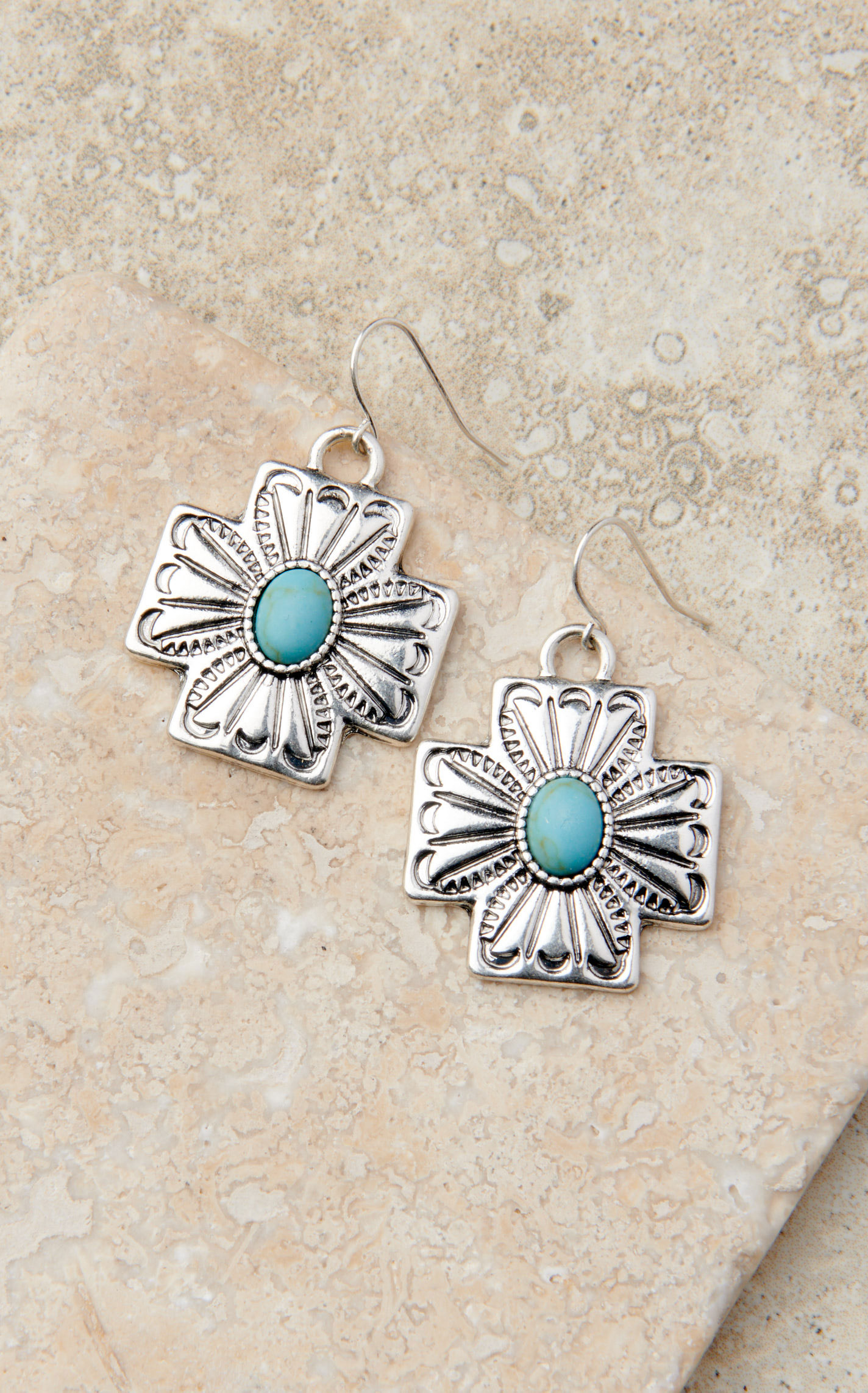 Justin Silver Square Cross Turquoise Center Earrings - Image 1