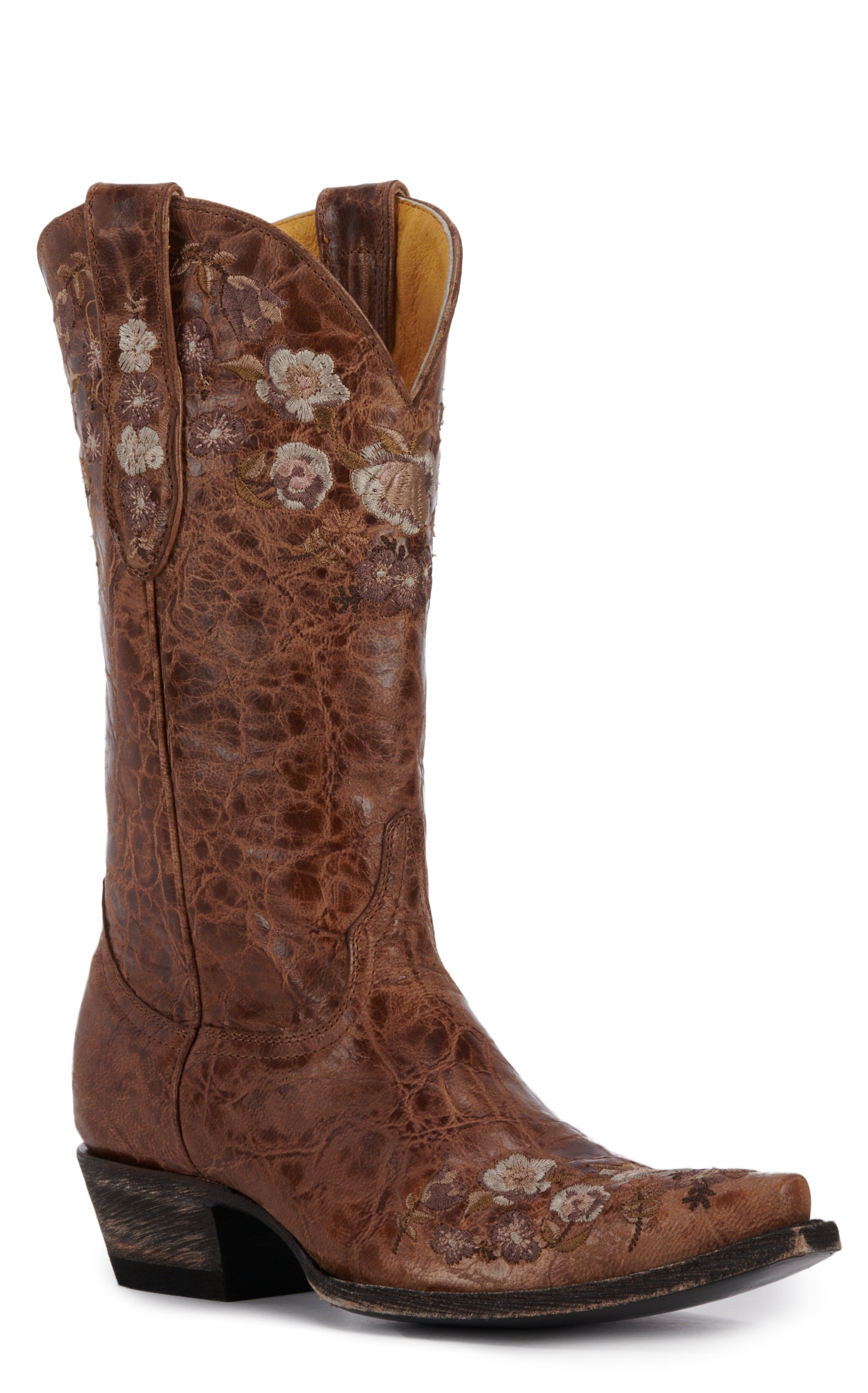 Cavender's Women's Brown with Floral Embroidery Snip Toe Cowboy Boots - Image 1