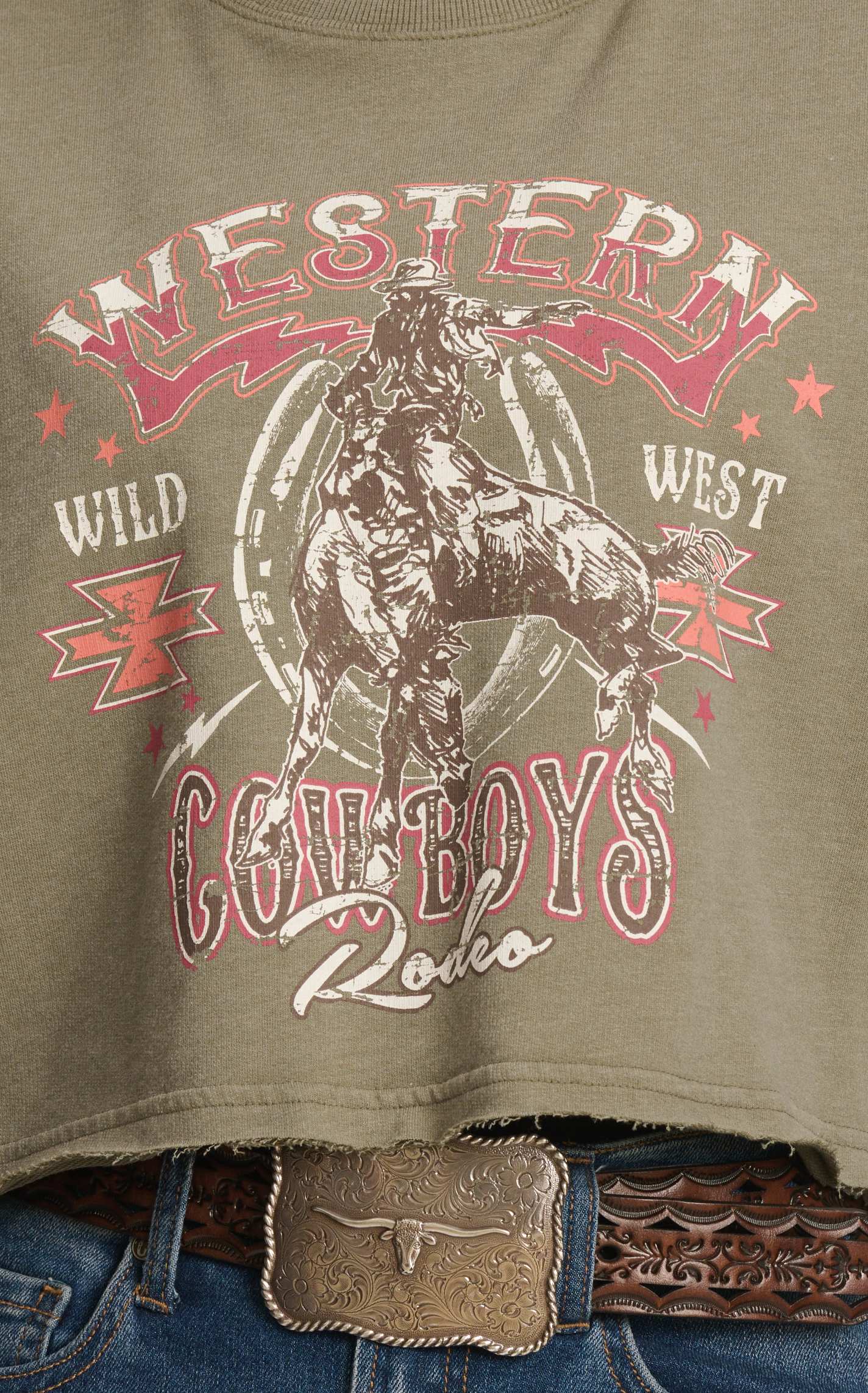 Rock & Roll Denim Women's Olive Western Cowboys Rodeo Graphic Pullover - Image 1