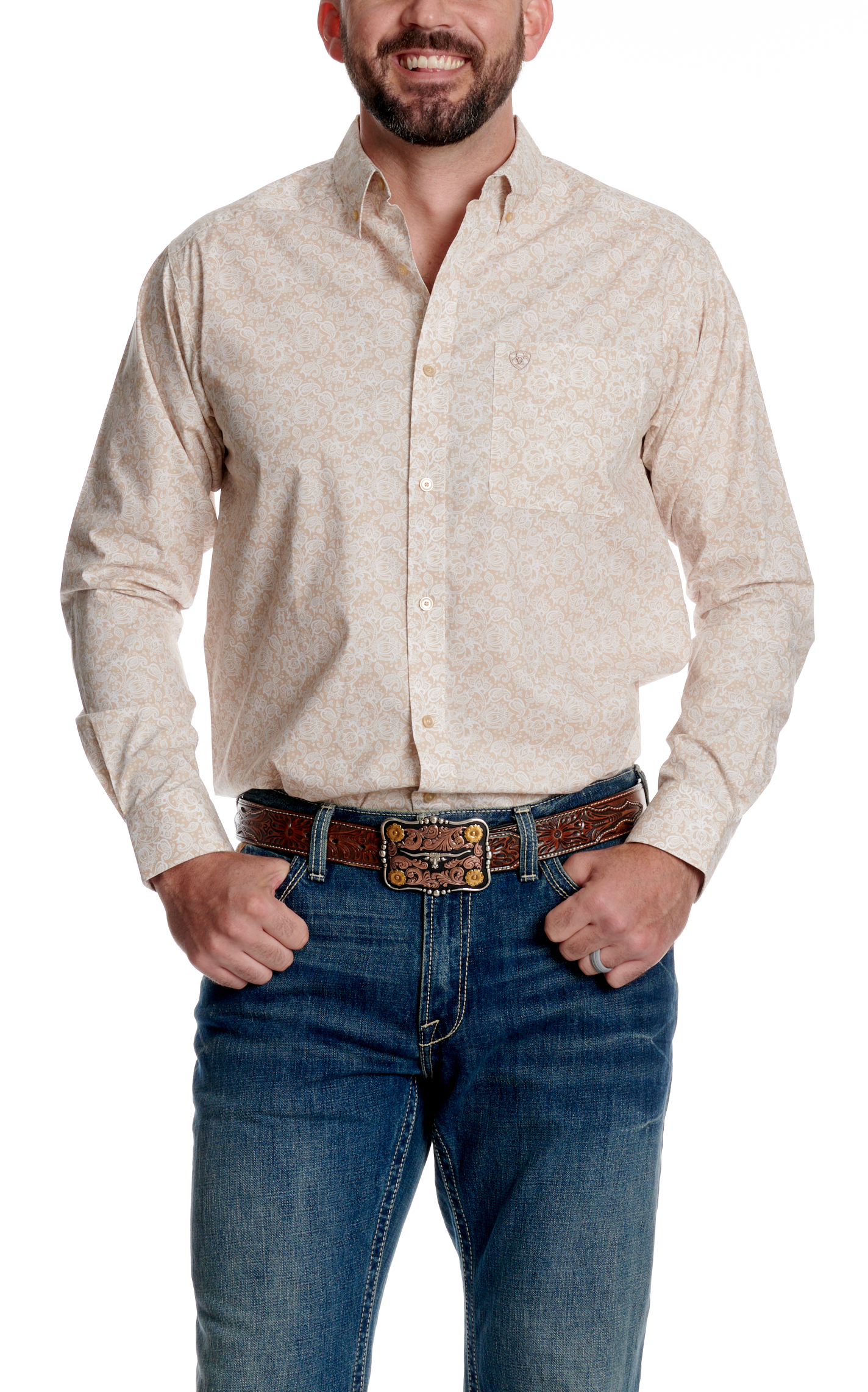 Ariat Men’s Tan Paisley Print Western Shirt - Image 1