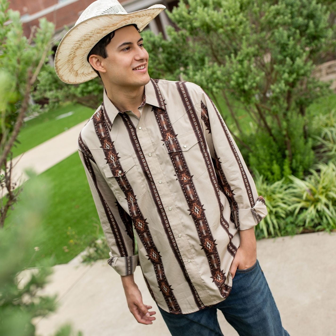 Checotah Men's Tan Aztec Print Western Shirt - Image 1