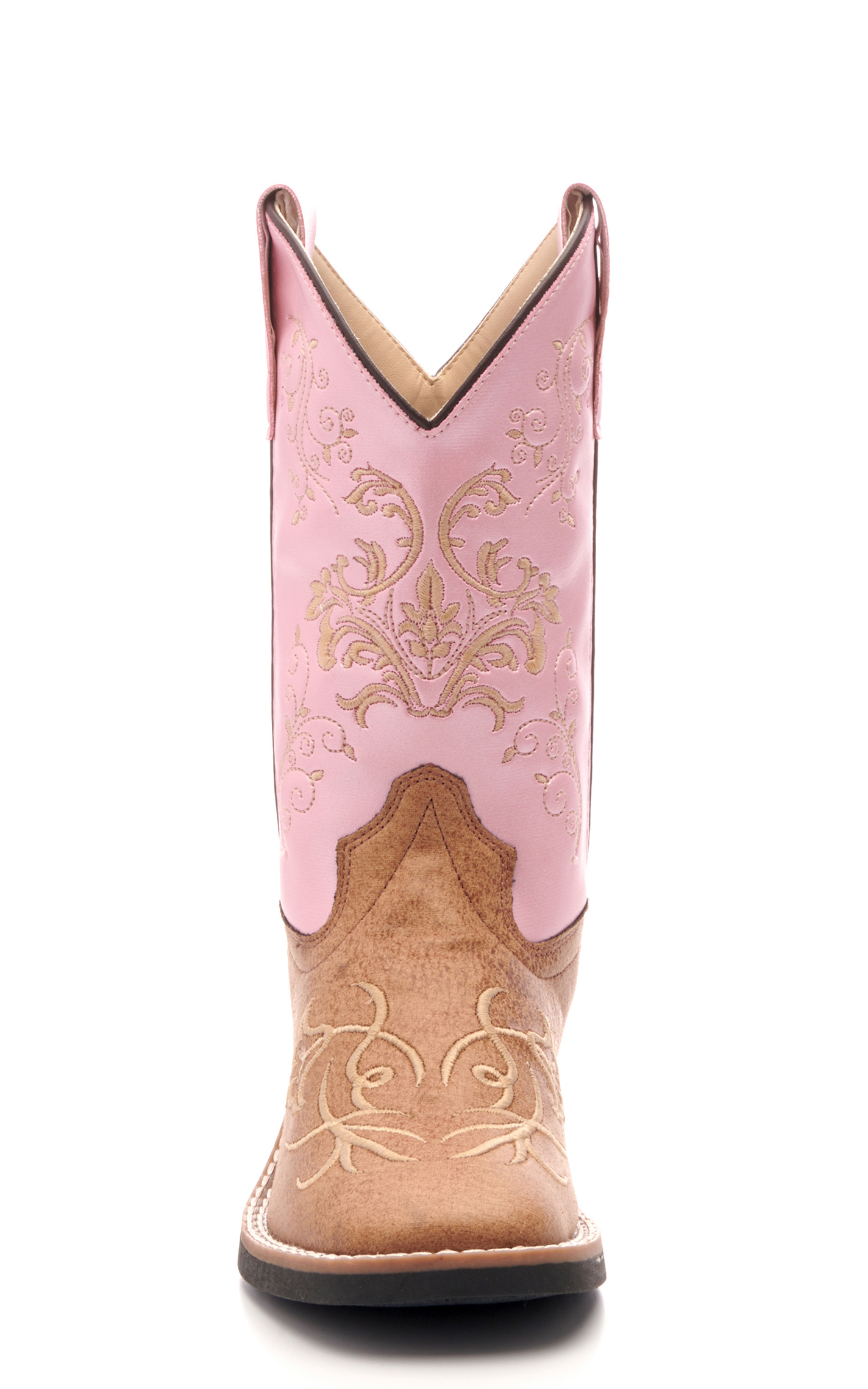 Old West Kids Tan and Pink Square Toe Cowboy Boots - Image 1