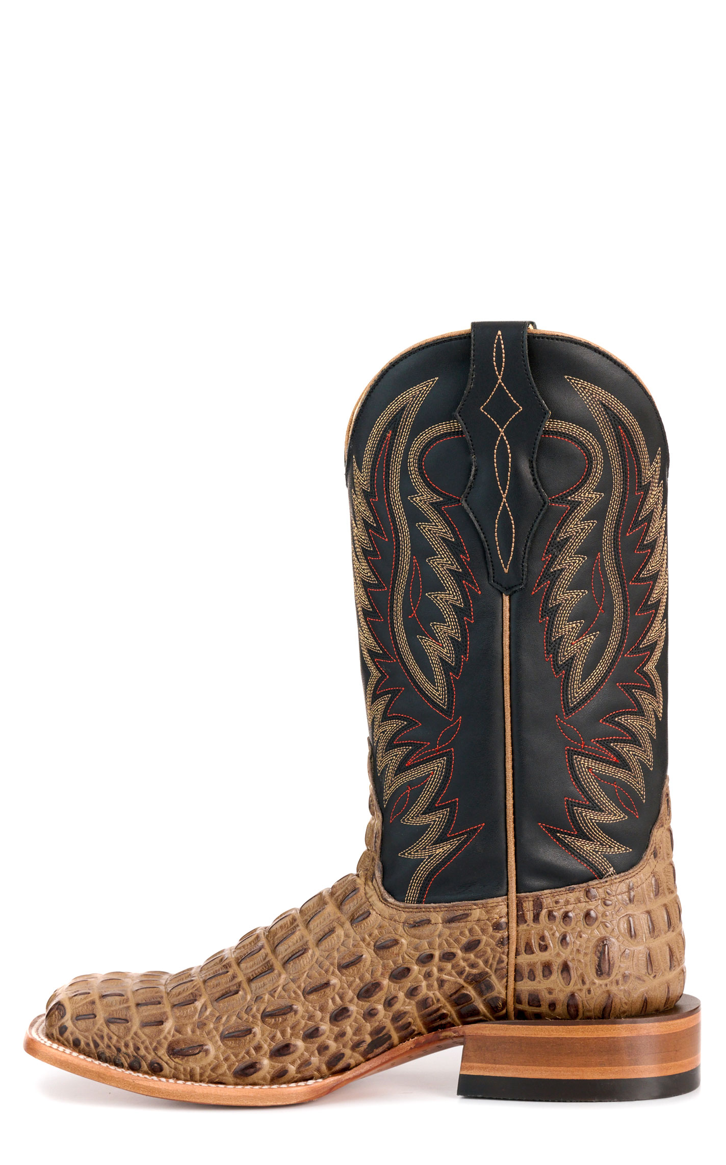 Cavender's Men's Pecan Caiman Print and Black Wide Square Toe Cowboy Boots - Image 1