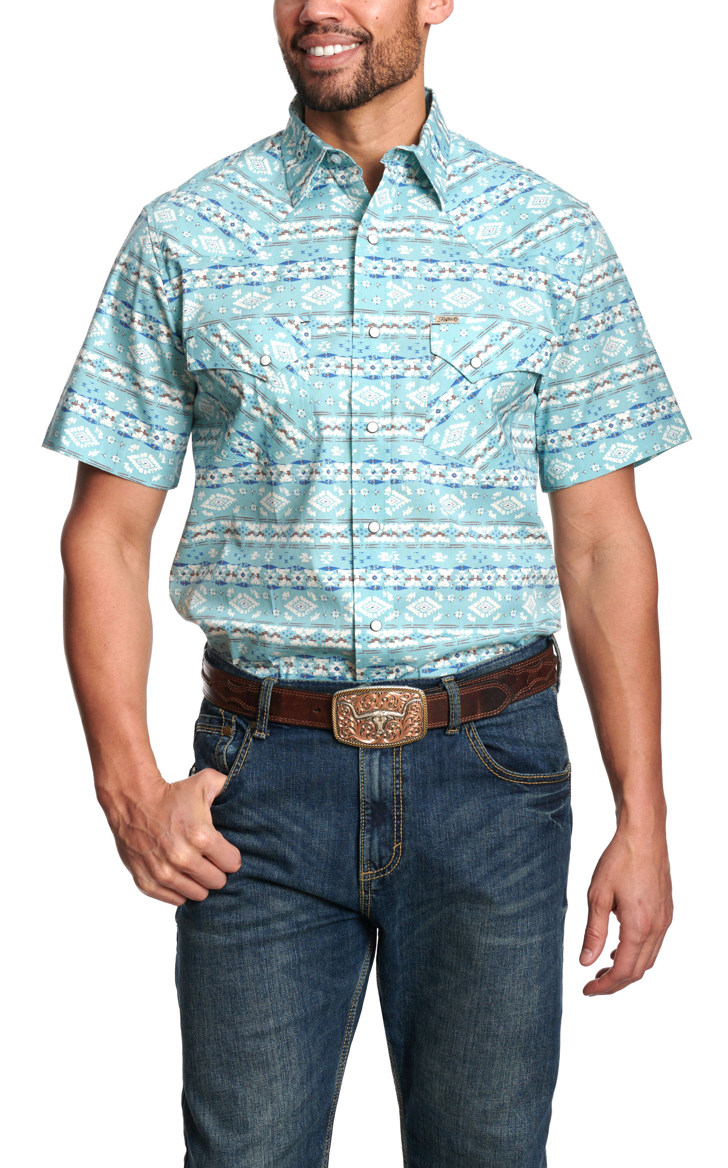 Rafter C Men's Sky Blue Aztec Stretch Western Shirt - Big & Tall Sizes - Image 1