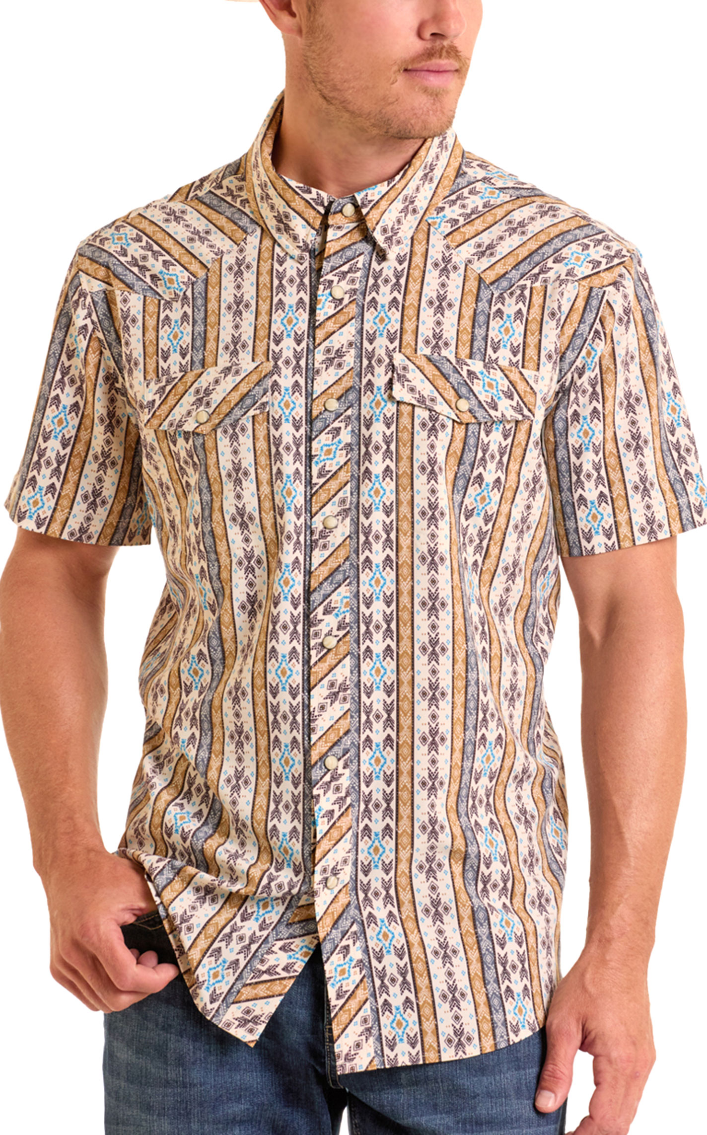 Panhandle Slim Men's Tan & Blue Aztec Print Performance Western Shirt - Image 1