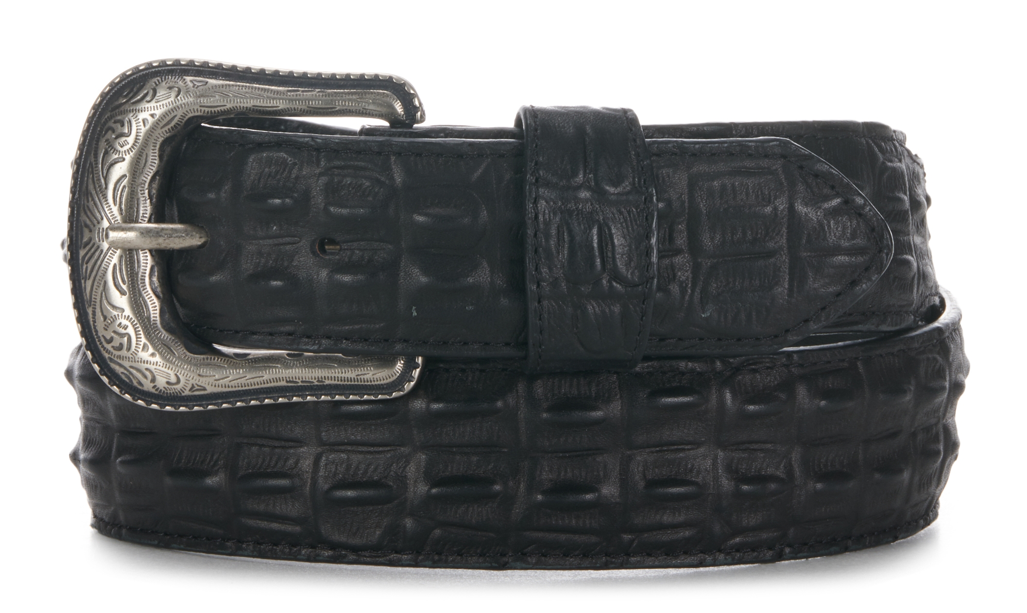 Cavender's Men's Black Caiman Hornback Print Western Belt - Image 1