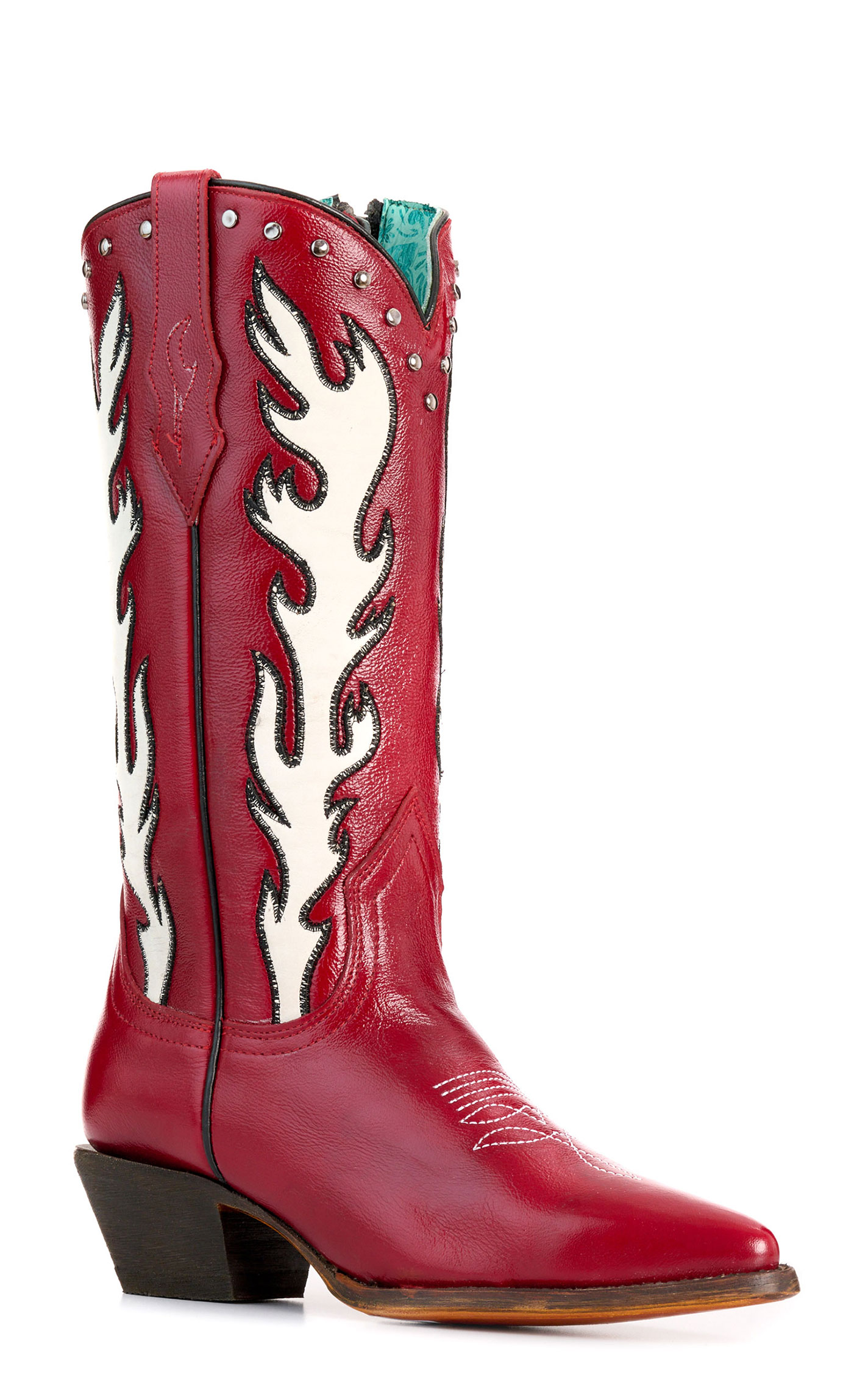 Corral Women's Dark Red with White Flames & Studs Pointed Toe Cowboy Boots - Image 1
