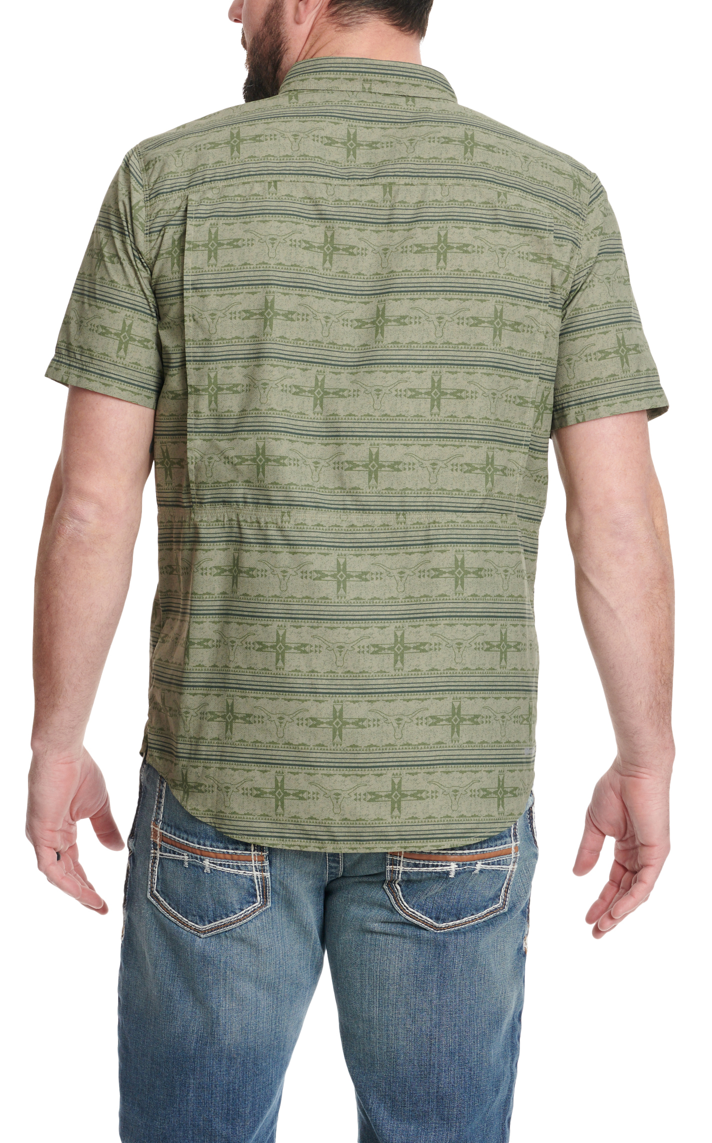 Ariat Men's VentTEK Outbound Shades of Olive Aztec & Longhorn Stripe Short Sleeve Shirt - Image 1
