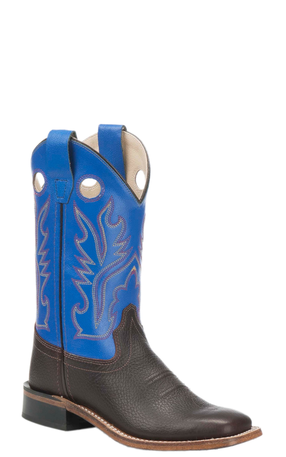 Old West Kids Oiled Rusty Brown and Blue Corona Calf Square Toe Cowboy Boots - Image 1