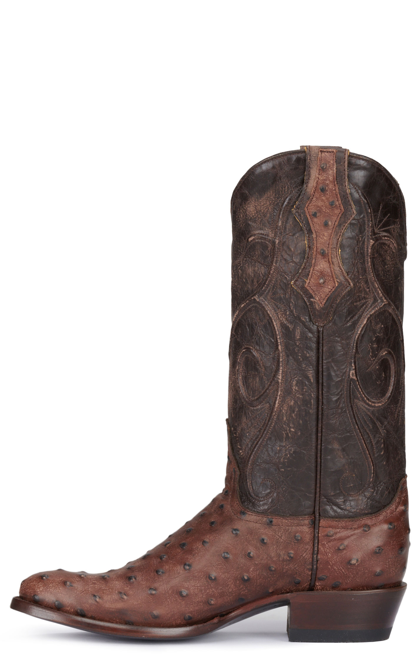 Cavender's Men's Chocolate and Brown Ostrich Print R-Toe Cowboy Boots - Image 1