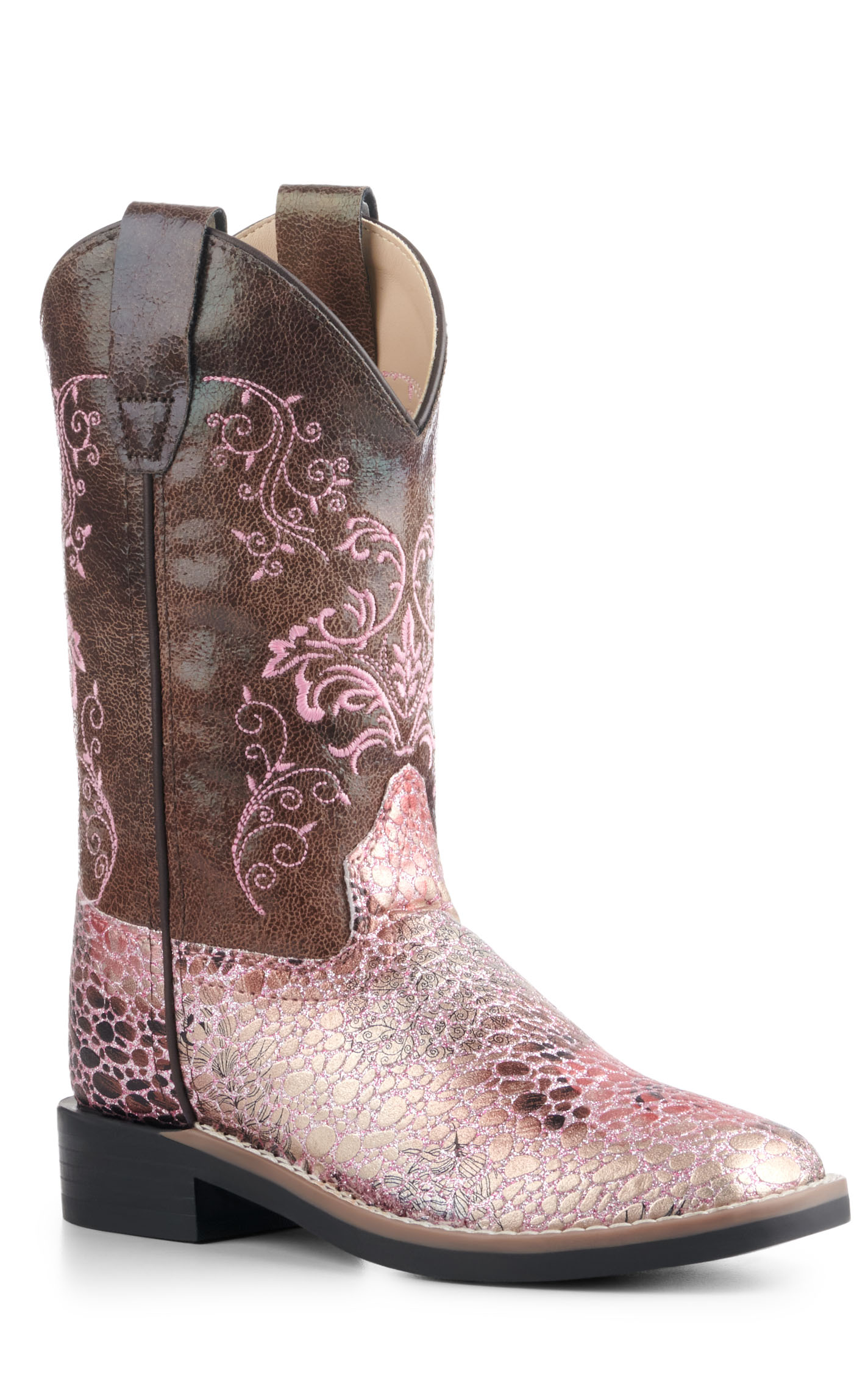 Old West Kids Brown and Crackle Antique Pink Square Toe Cowboy Boots - Image 1
