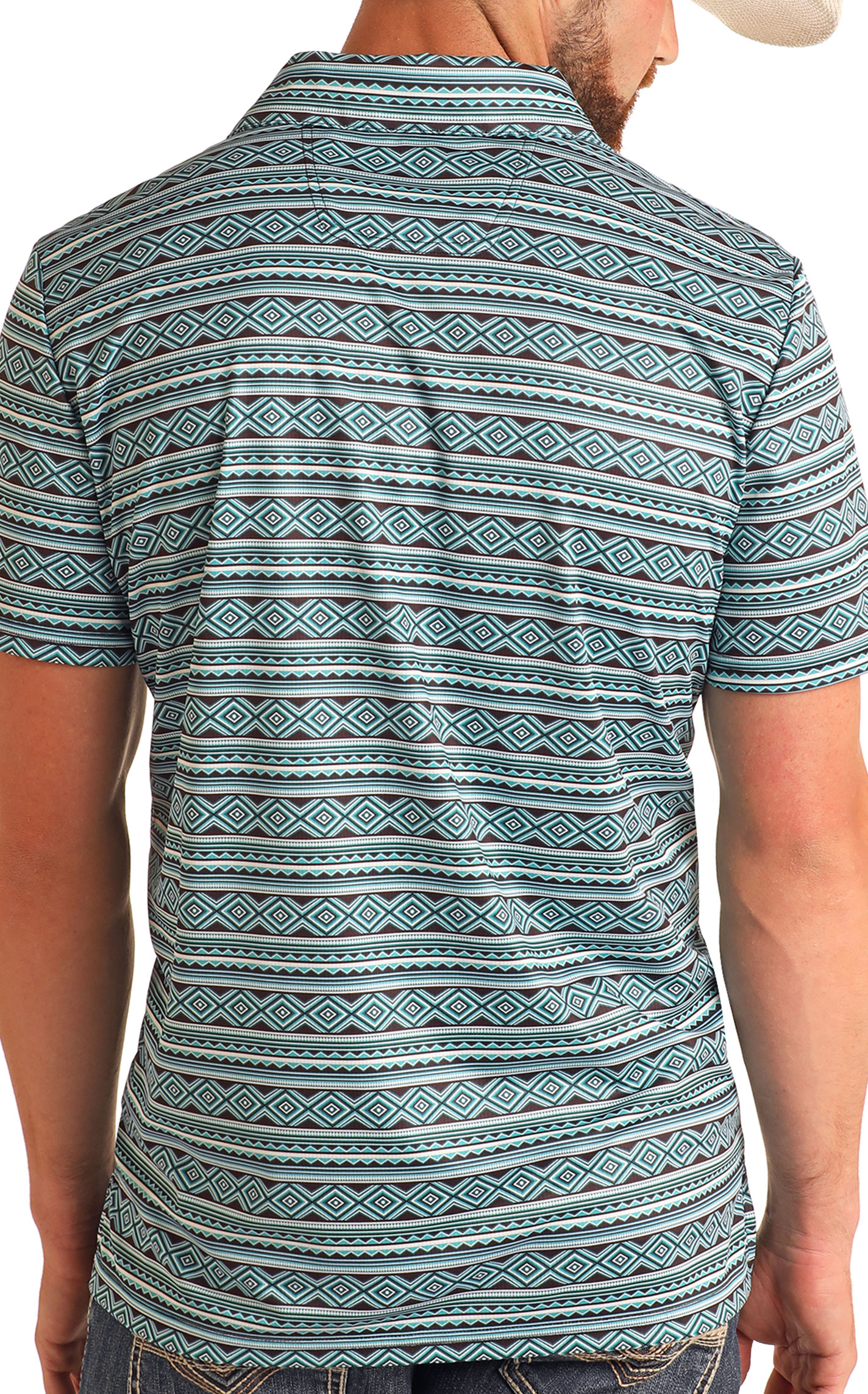 Rock & Roll Denim Men's Teal & Chocolate Aztec Polo Shirt - Image 1