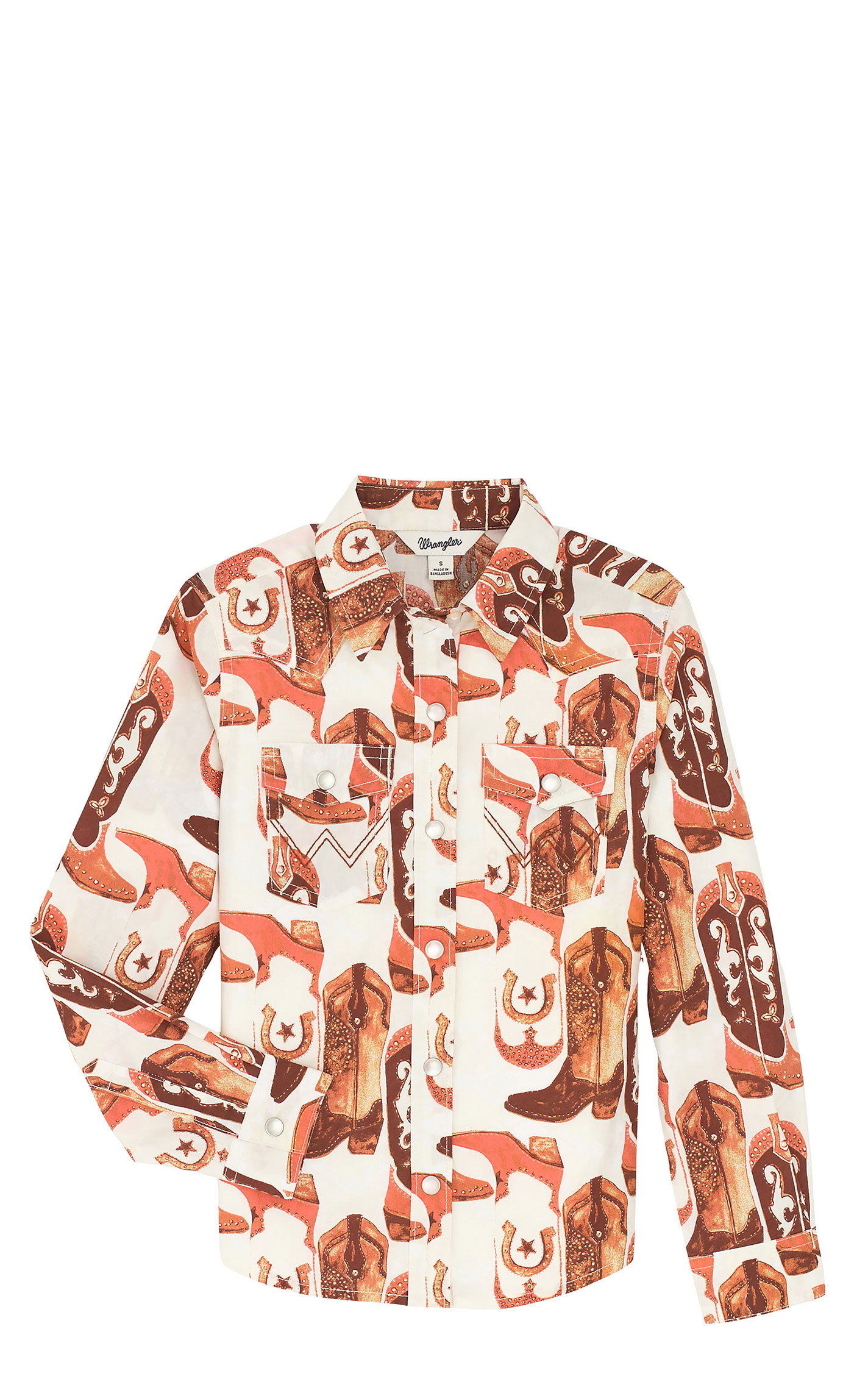 Wrangler Girl's Cream & Coral Boot Print Western Shirt - Image 1