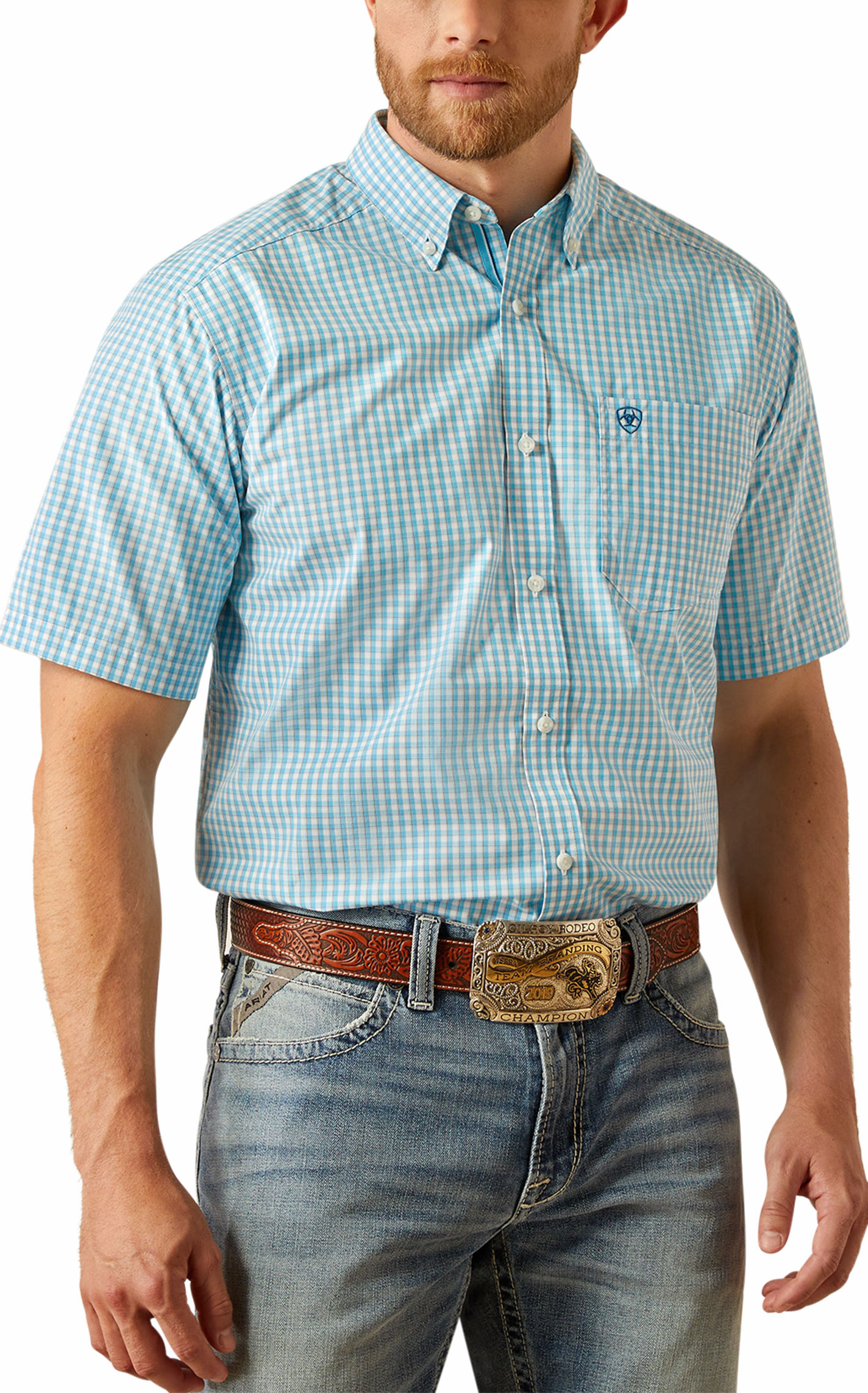 Ariat Pro Series Men's Sloane Light Blue Plaid Western Shirt - Image 1