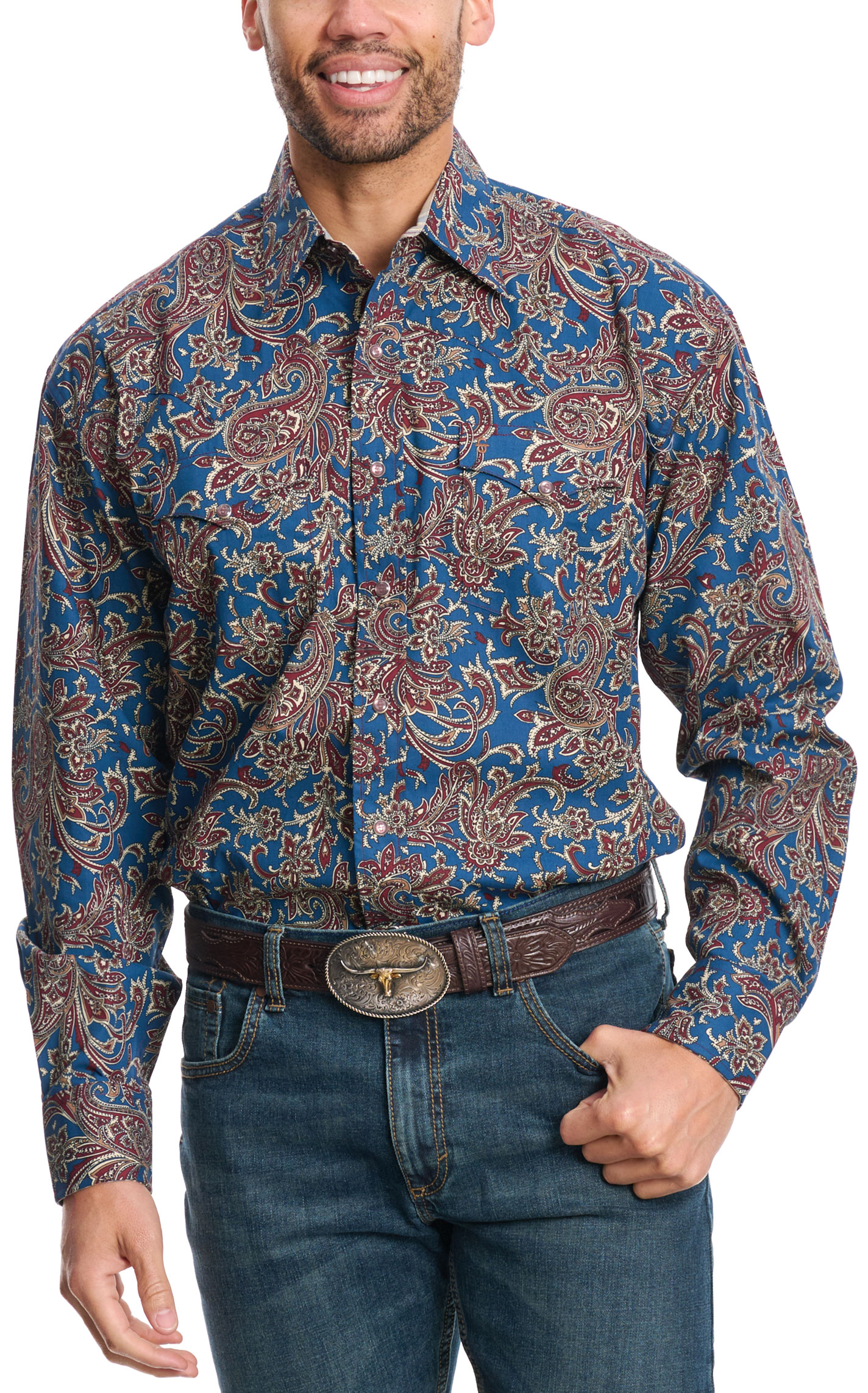 Stetson Men's Aegean Blue & Wine Floral Paisley Western Shirt - Image 1