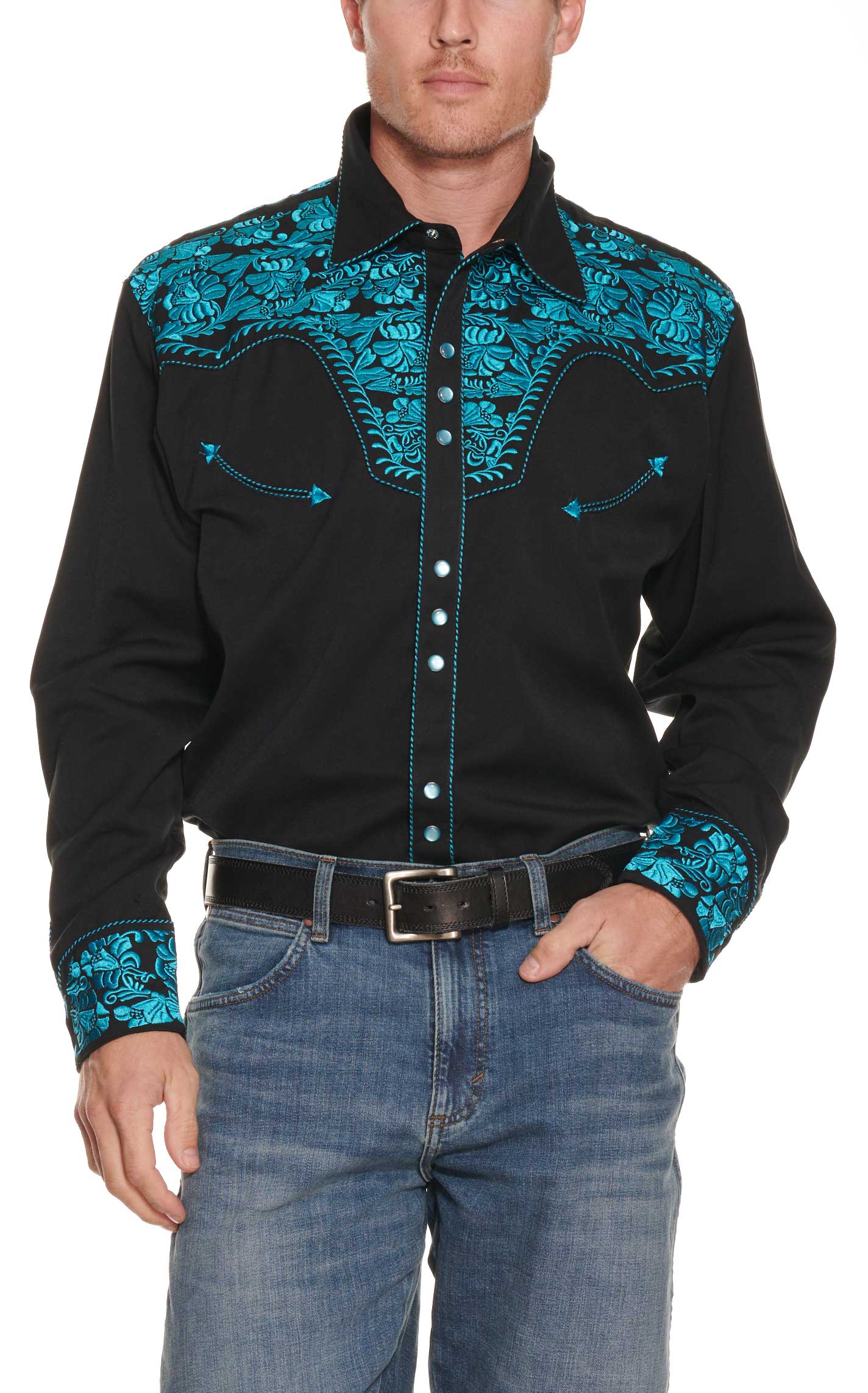 Scully Men's Black with Turquoise Floral Tooled Embroidery Long Sleeve Retro Western Shirt - Image 1