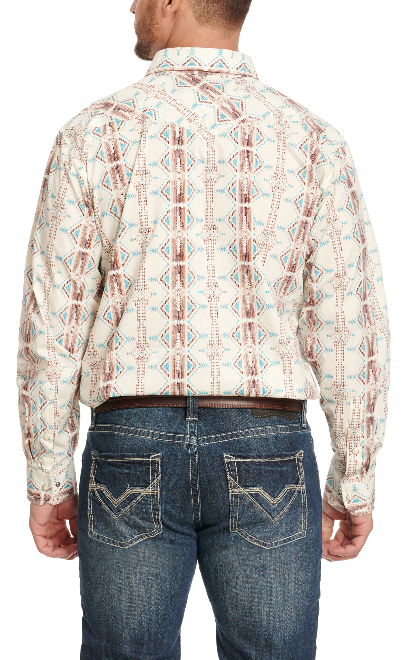 Panhandle Men's Cream Turquoise & Chocolate Aztec Print Long Sleeve Western Shirt - Image 1
