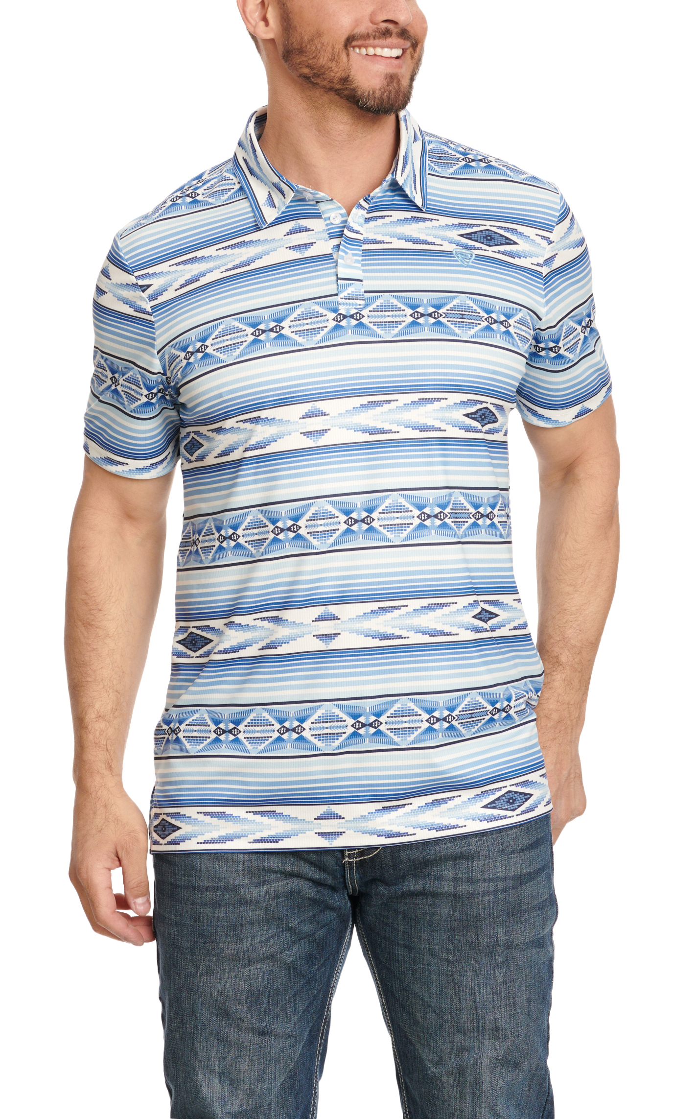 Rock & Roll Denim Men's Shades of Blue & White Aztec Short Sleeve Polo Shirt - Image 1