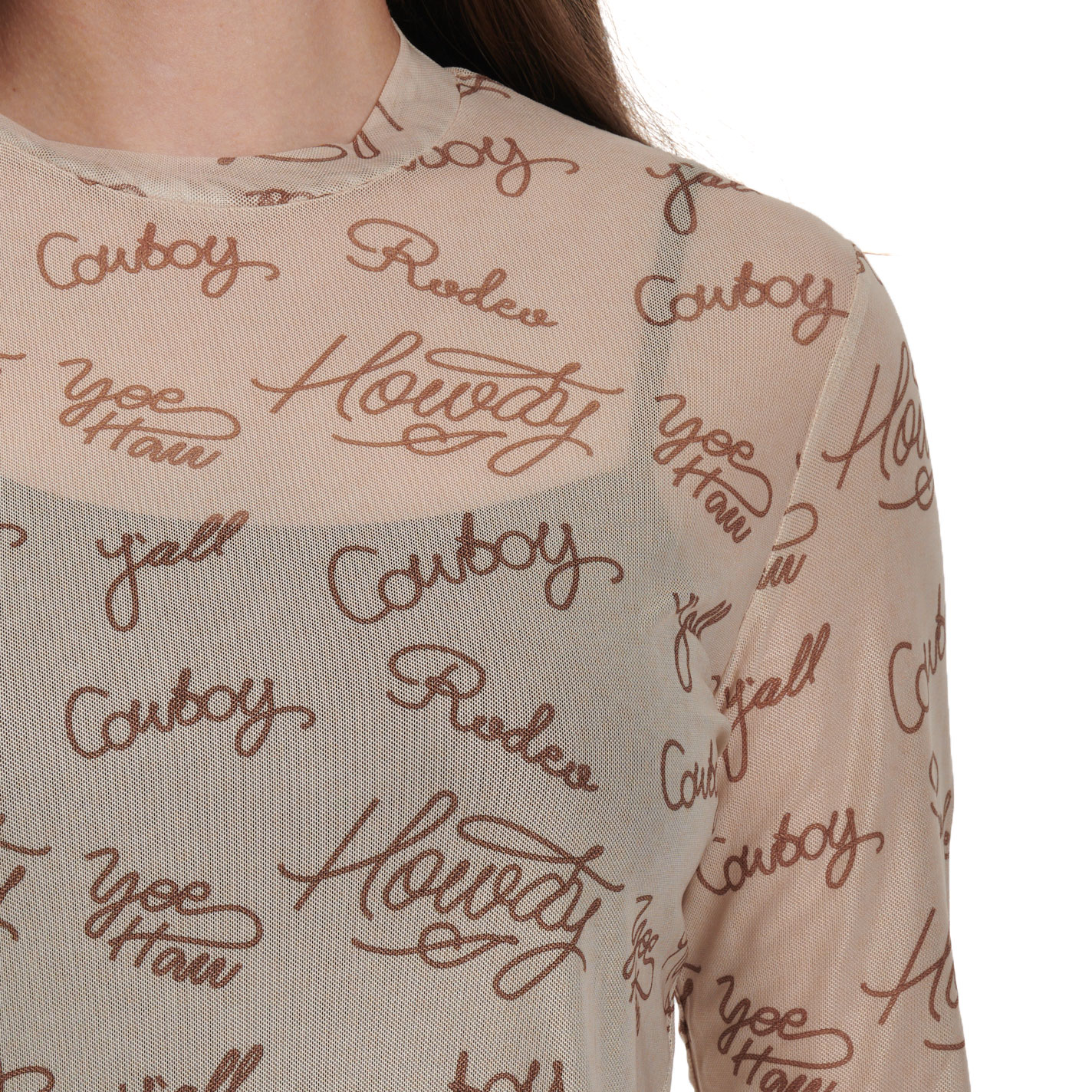 Merigold Kiss Women’s Tan Western Word Print Mesh Shirt - Image 1