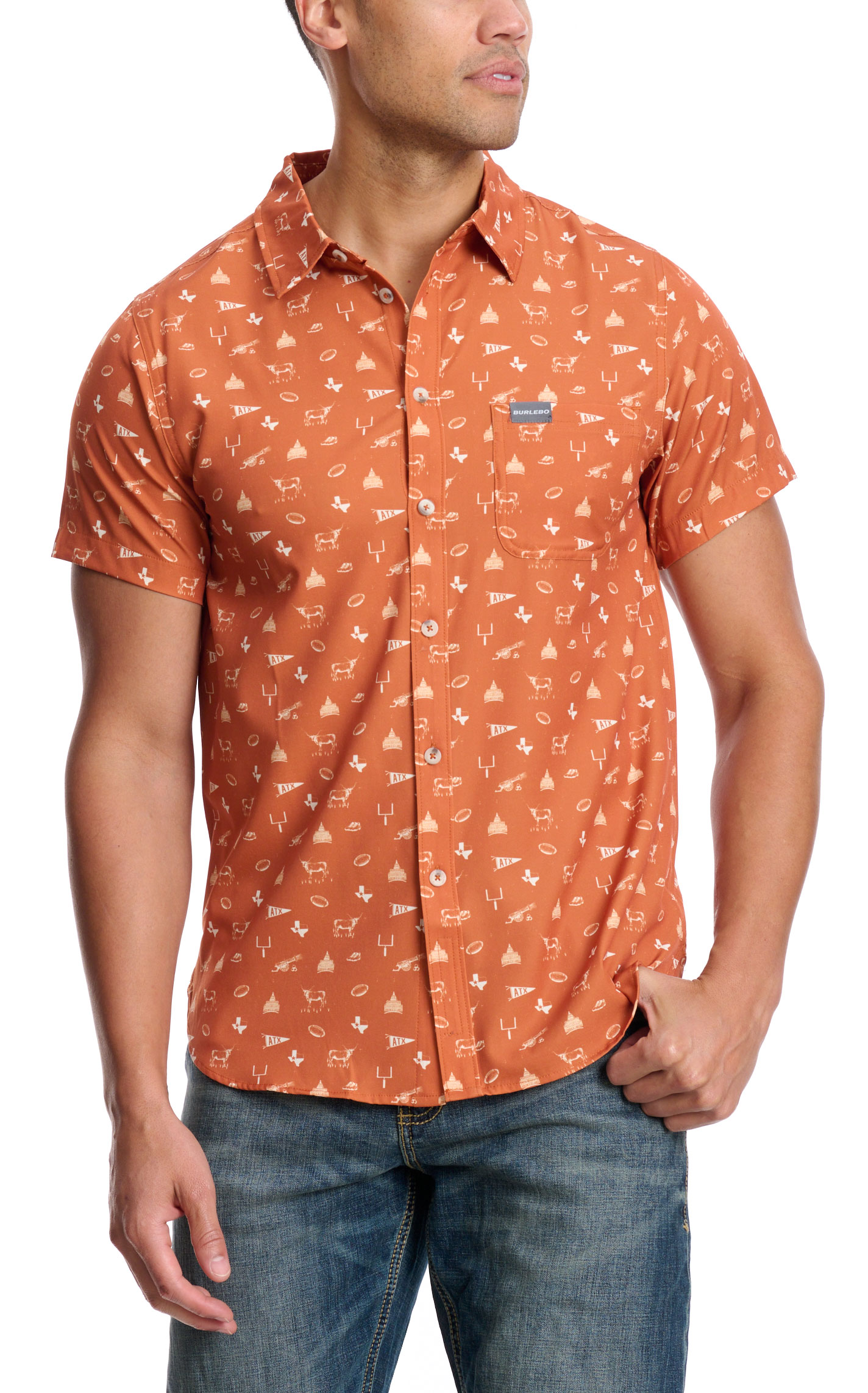 BURLEBO Men's Burnt Orange Longhorn Print Performance Outdoor Shirt - Image 1