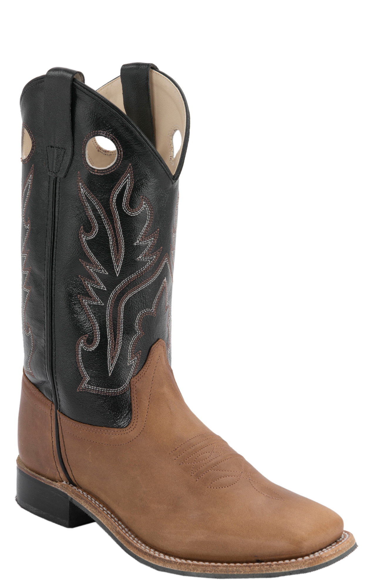 Old West Kids Distressed Brown and Black Corona Calf Leather Square Toe Cowboy Boots - Image 1