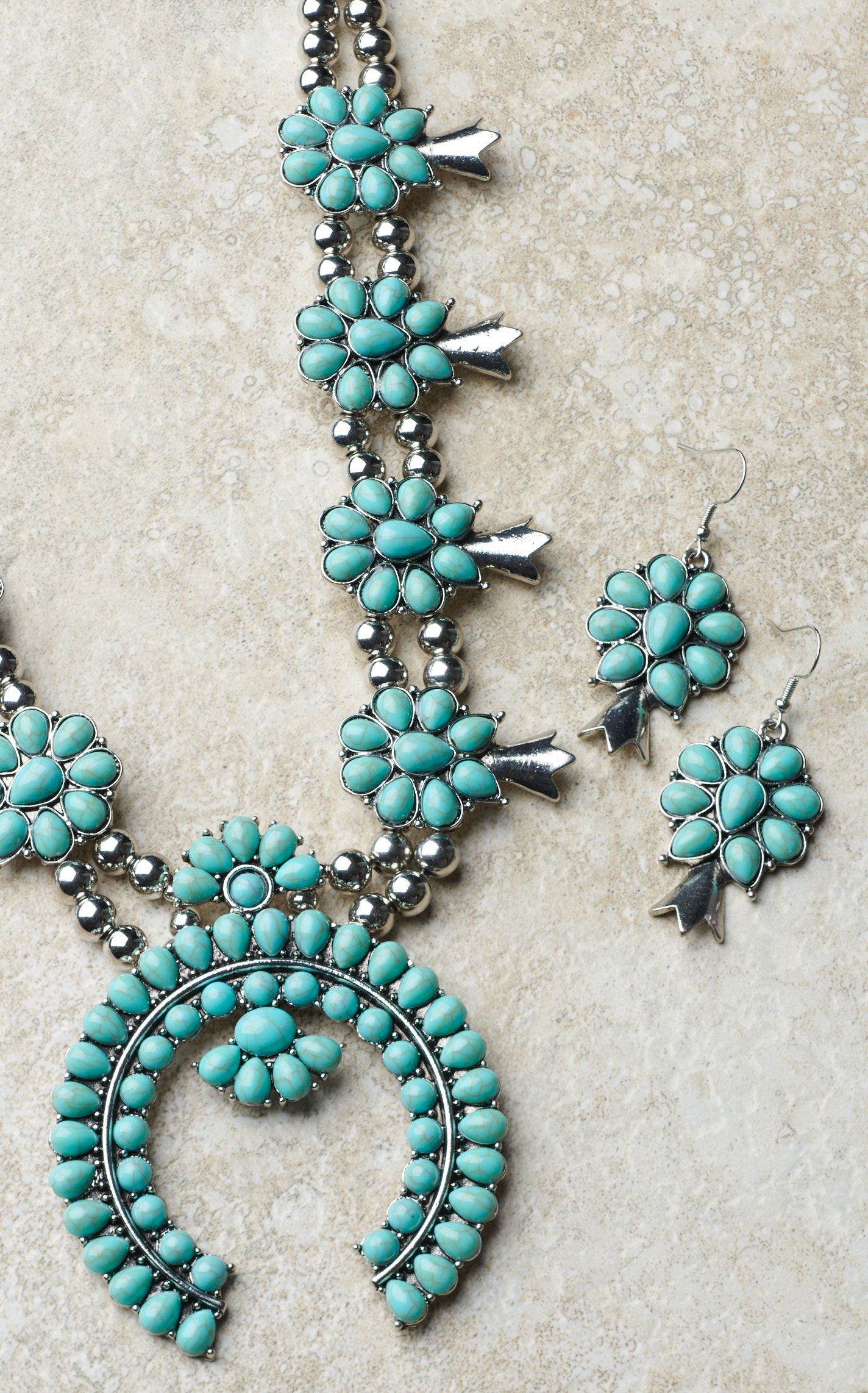 Rockin C Silver & Turquoise Teardrop Stone Squash Blossom Jewelry Set - Image 1