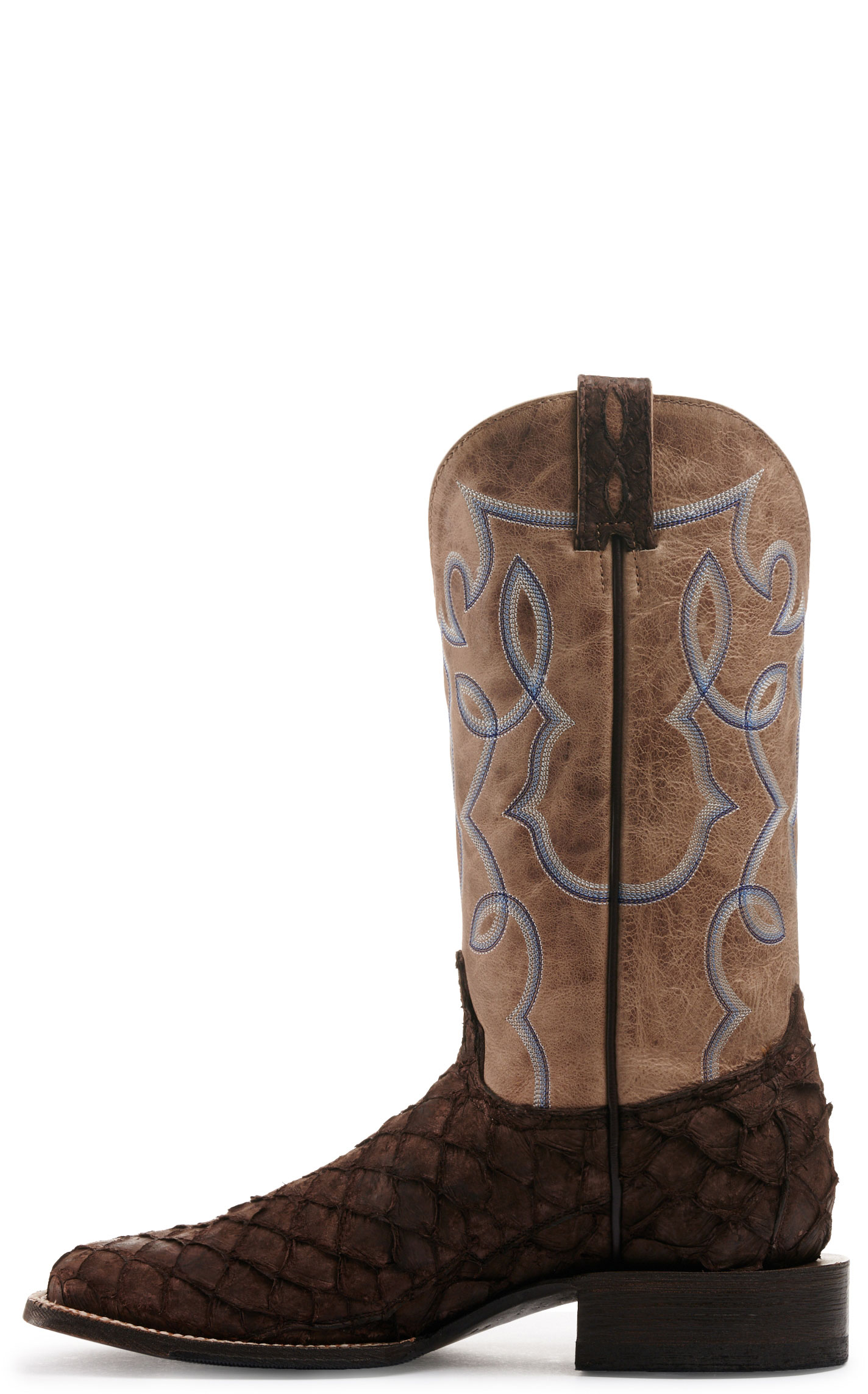 Cavender's Men's Chocolate Pirarucu and Orix Tan Cowhide Wide Square Toe Exotic Cowboy Boots - Image 1