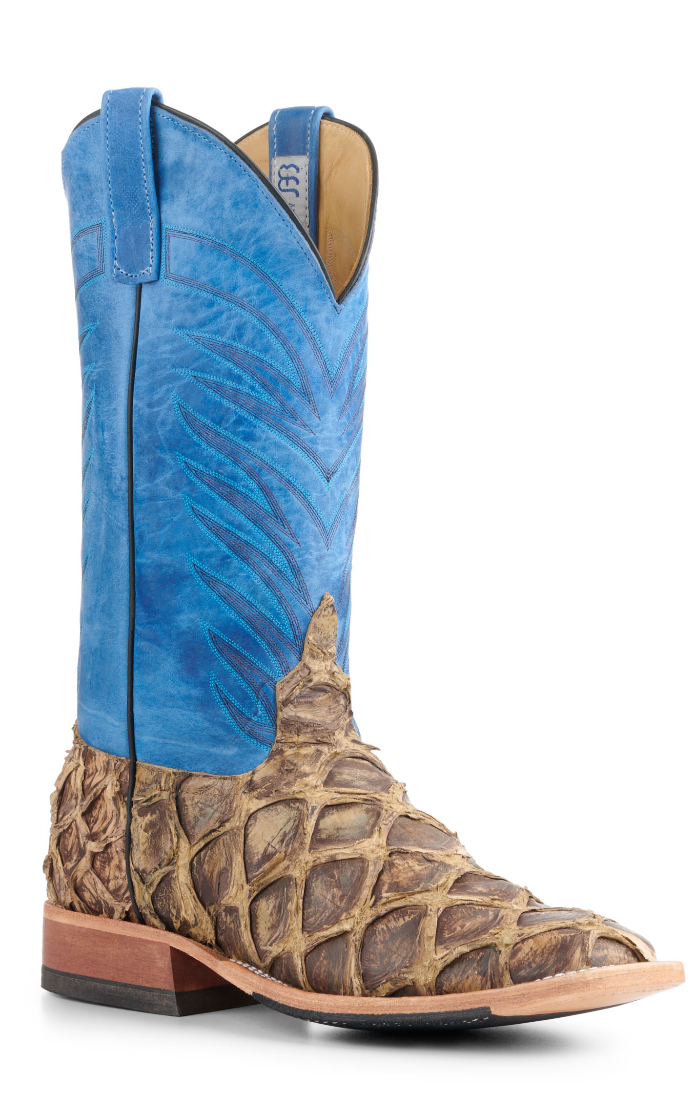 Anderson Bean Men's Blue and Rustic Saddle Brown Big Bass Wide Square Toe Hybrid Exotic Cowboy Boots - Image 1