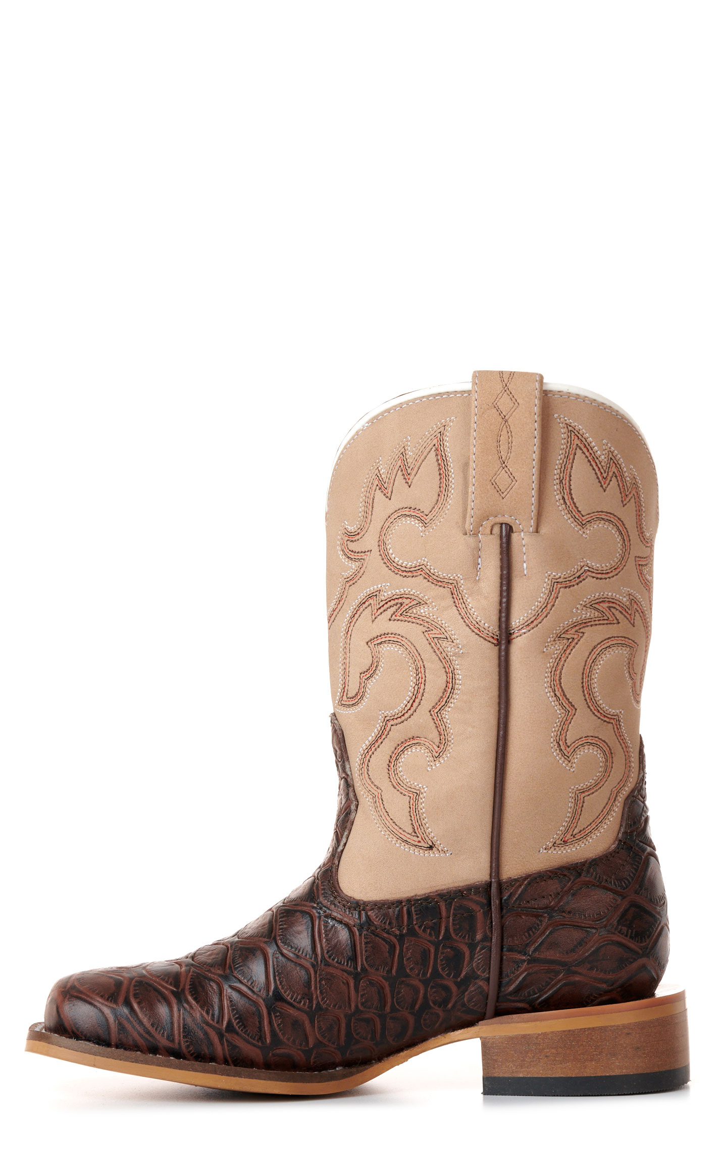 Cavender's Youth Cream & Chocolate Pirarucu Print Wide Square Toe Cowboy Boots - Image 1