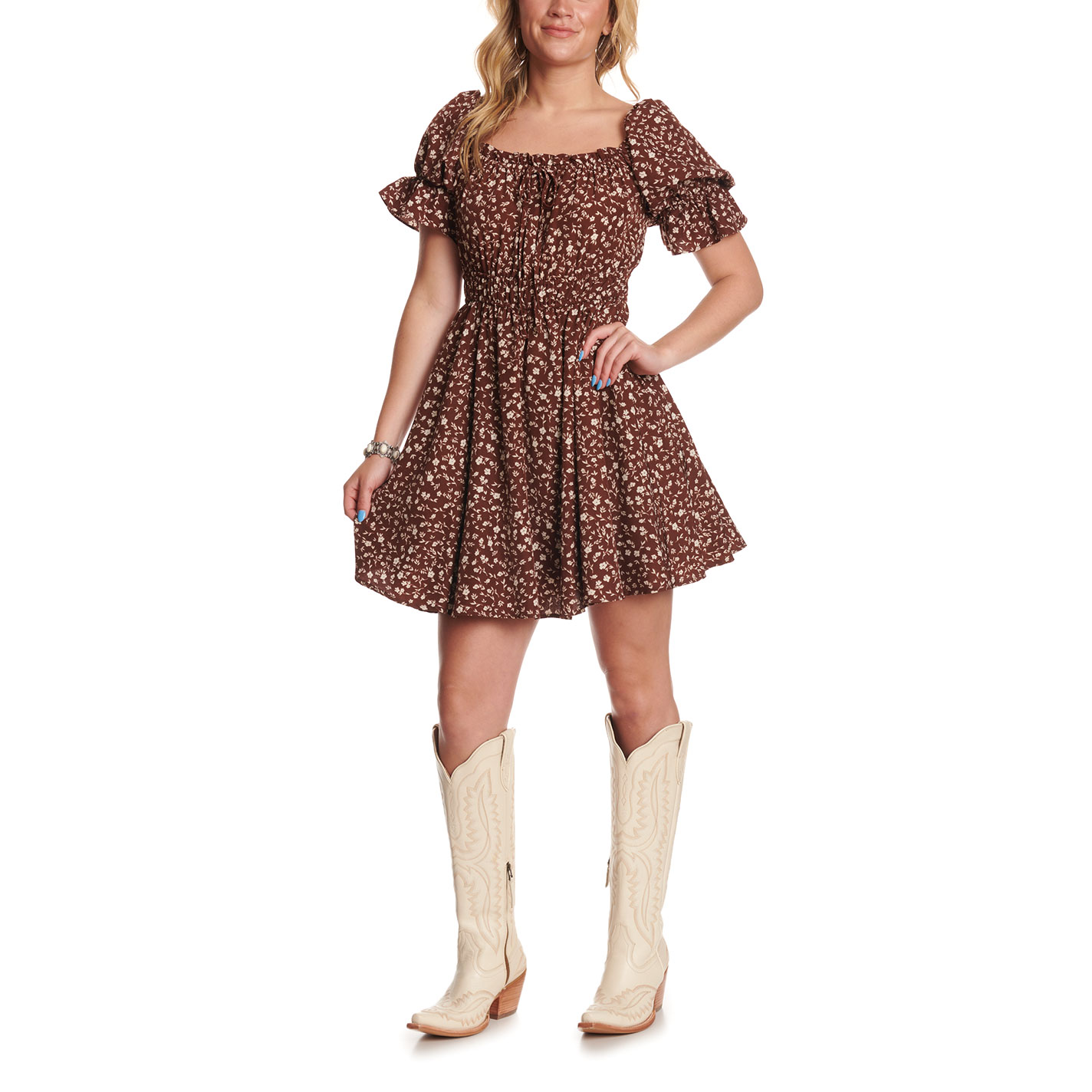 Yura Women's Brown Puff Sleeve Floral Print Dress - Image 1