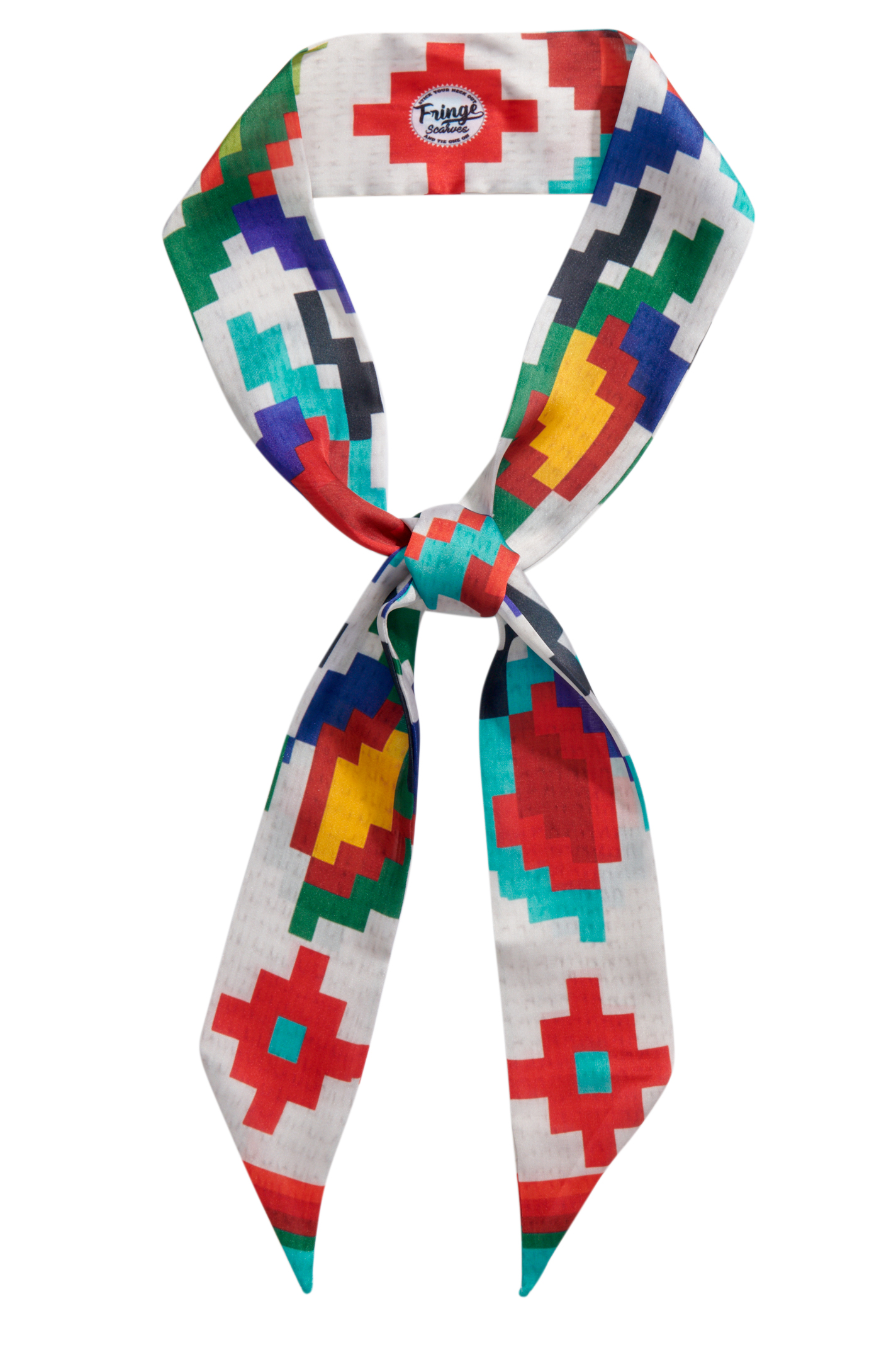 Fringe Scarves Taupe & Colorful Aztec Cross Stitch Print Twilly - Image 1