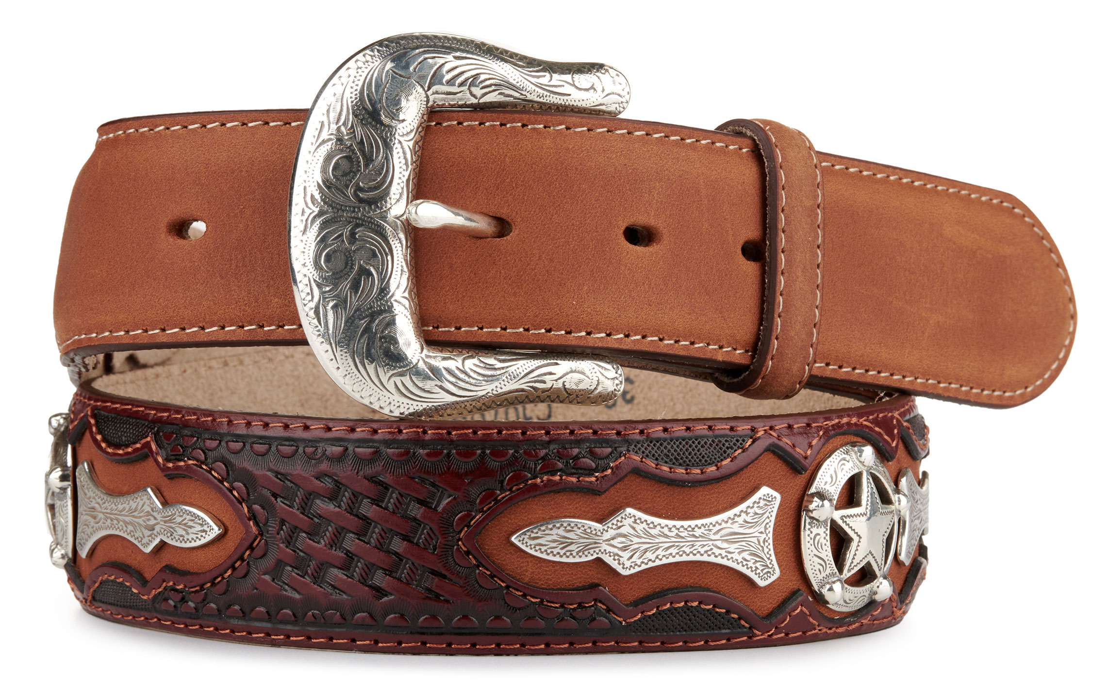 Justin Men's Odessa Star Brown Basket Weave Western Belt - Image 1