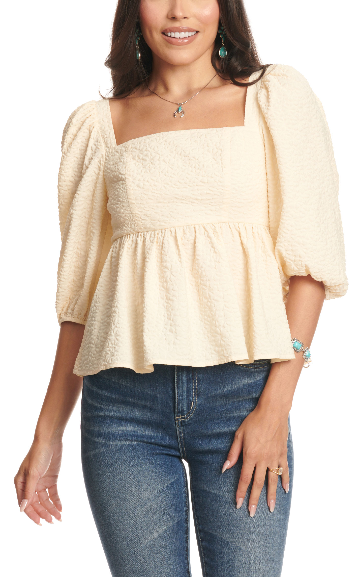 TCEC Women's Cream & Floral Textured Peplum Top - Image 1