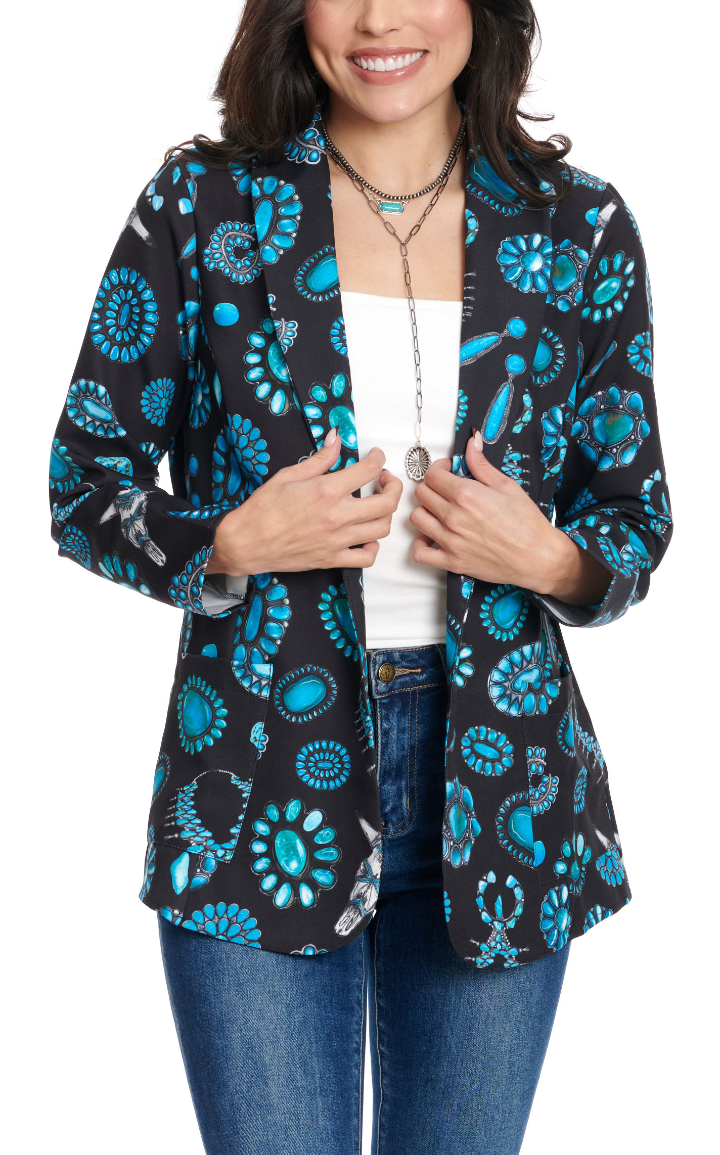 Nylon Women's Black with Turquoise Conchos Print Blazer - Image 1