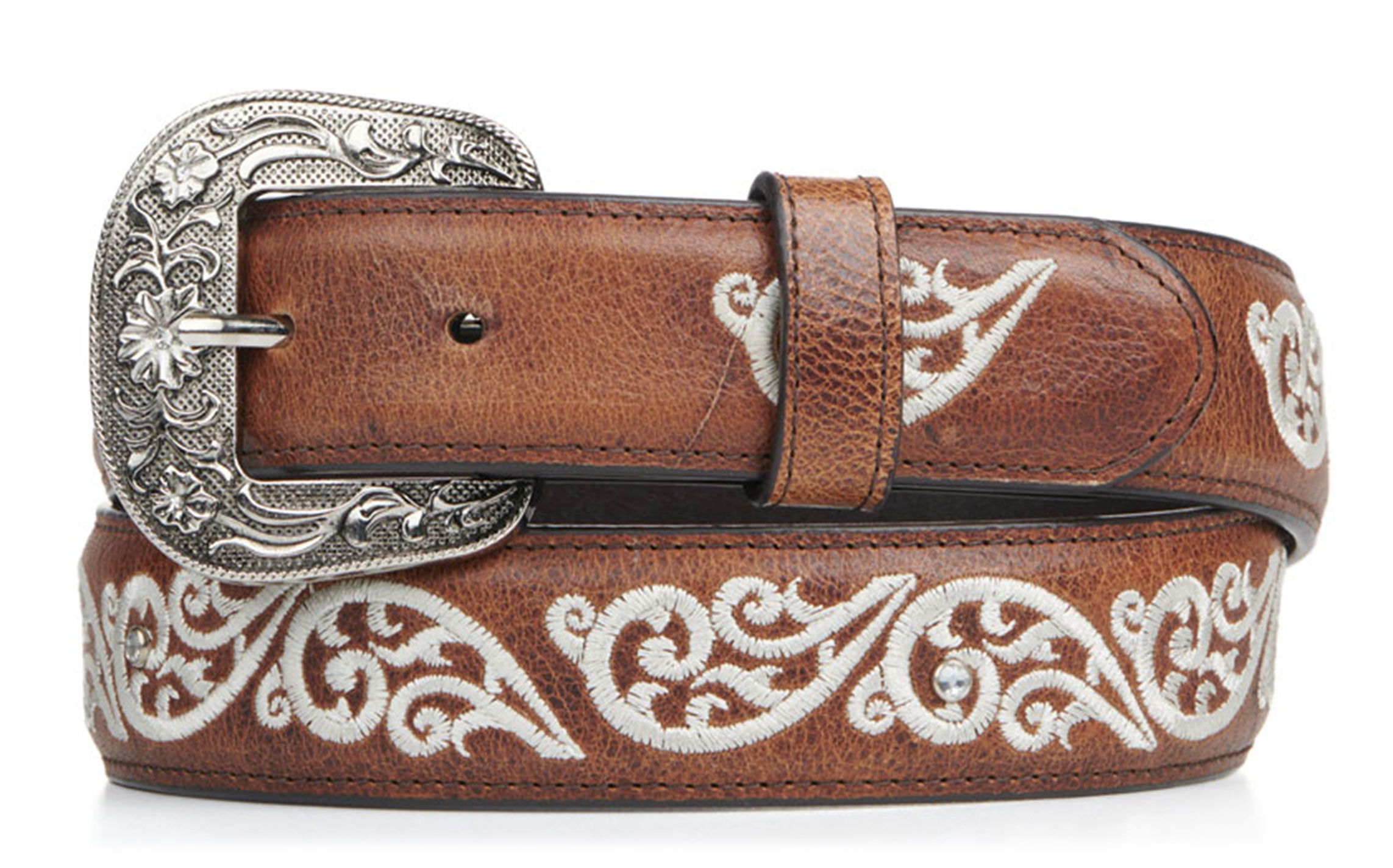 Cavender's Chestnut Brown with Swirl Embroidery Leather Belt - Image 1