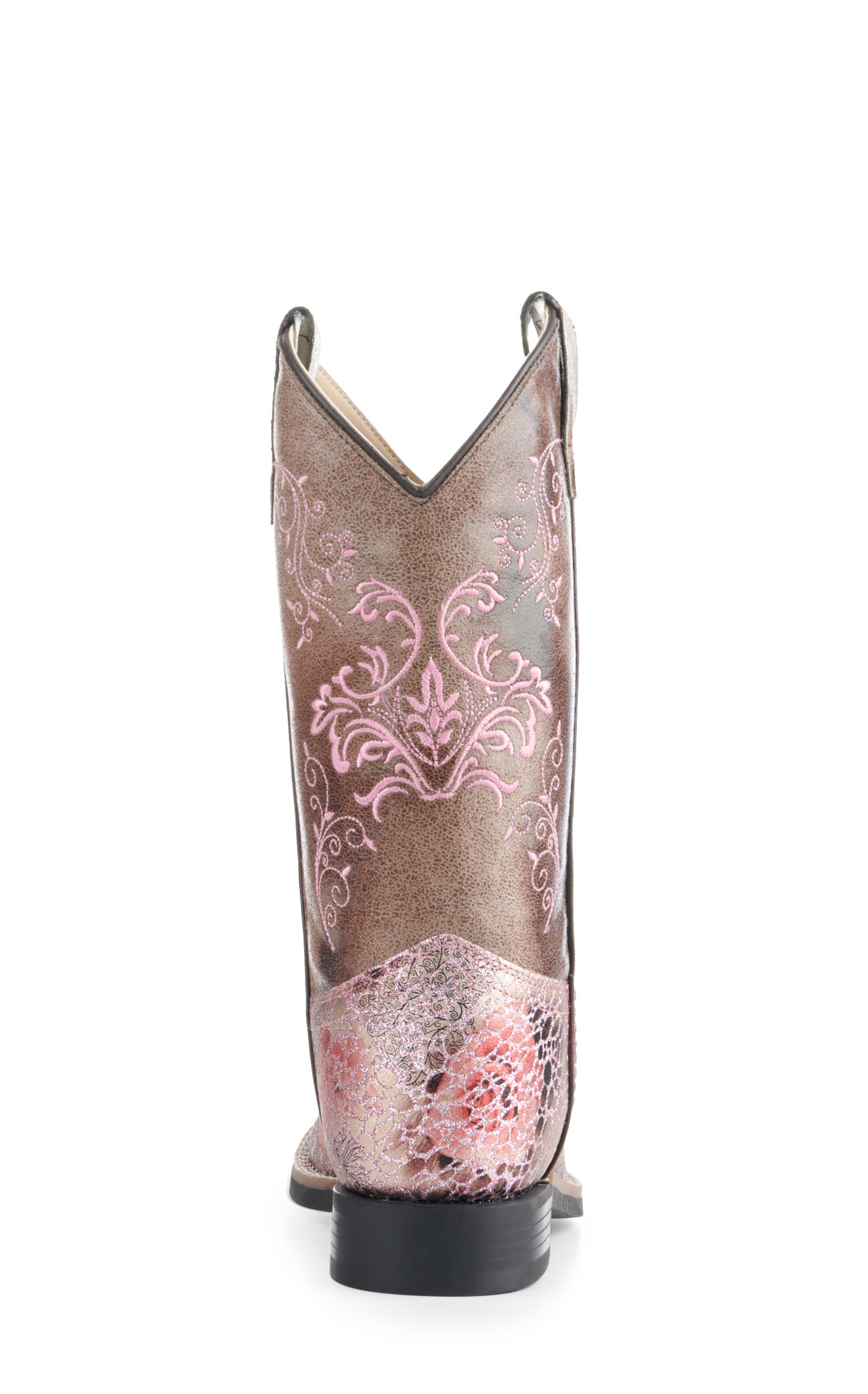 Old West Youth Brown and Crackle Antique Pink Square Toe Cowboy Boots - Image 1