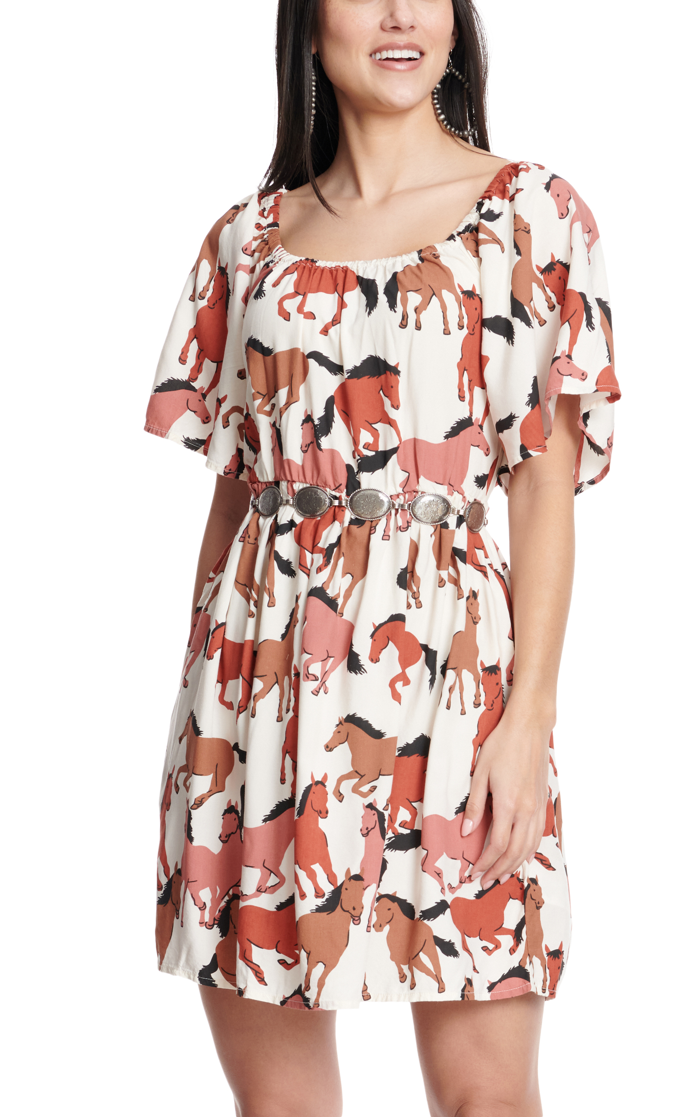 Wrangler Retro Women's Cream & Horses Print Short Flutter Sleeve Dress - Image 1