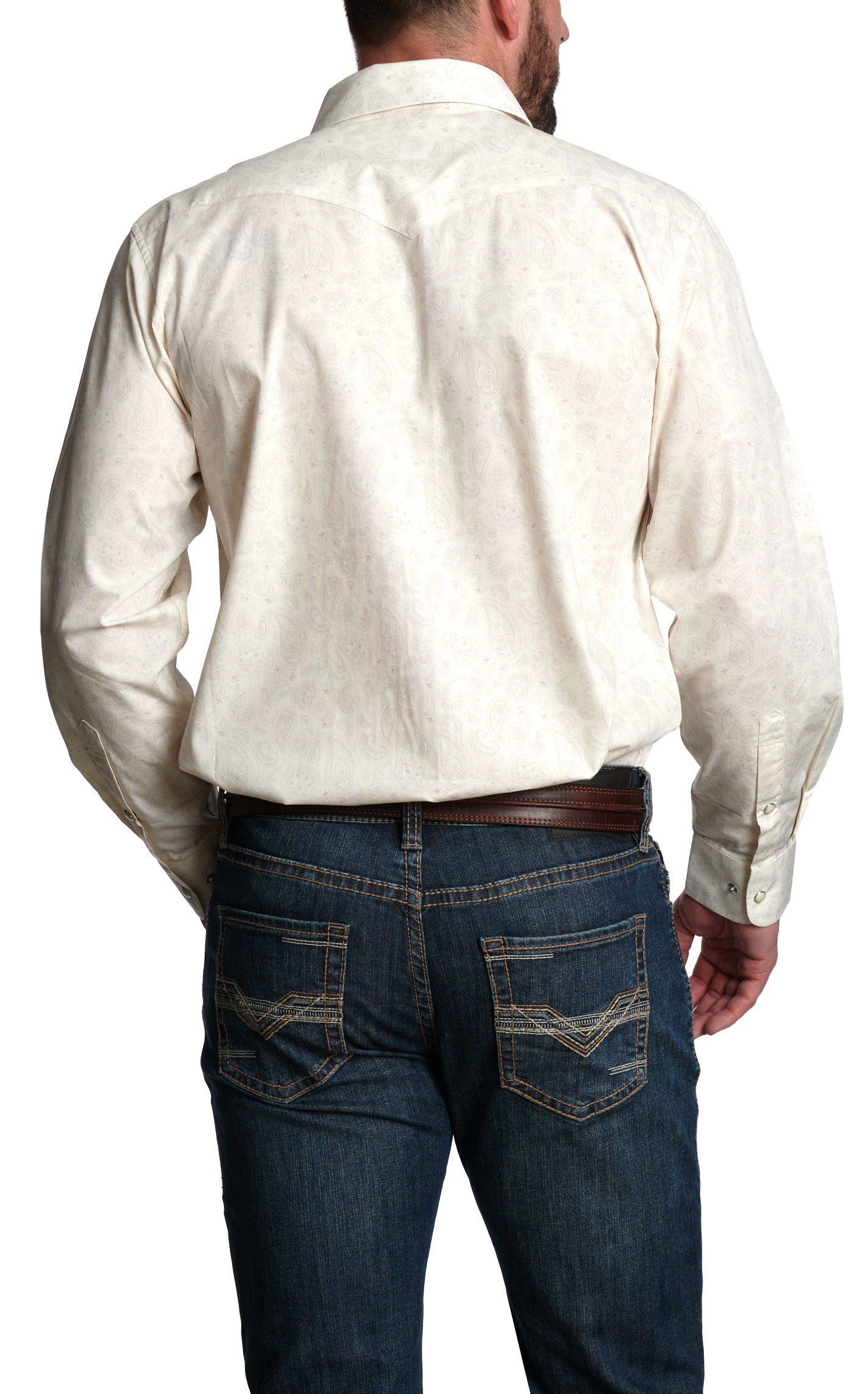 Panhandle Men’s White and Khaki Paisley Western Shirt - Image 1