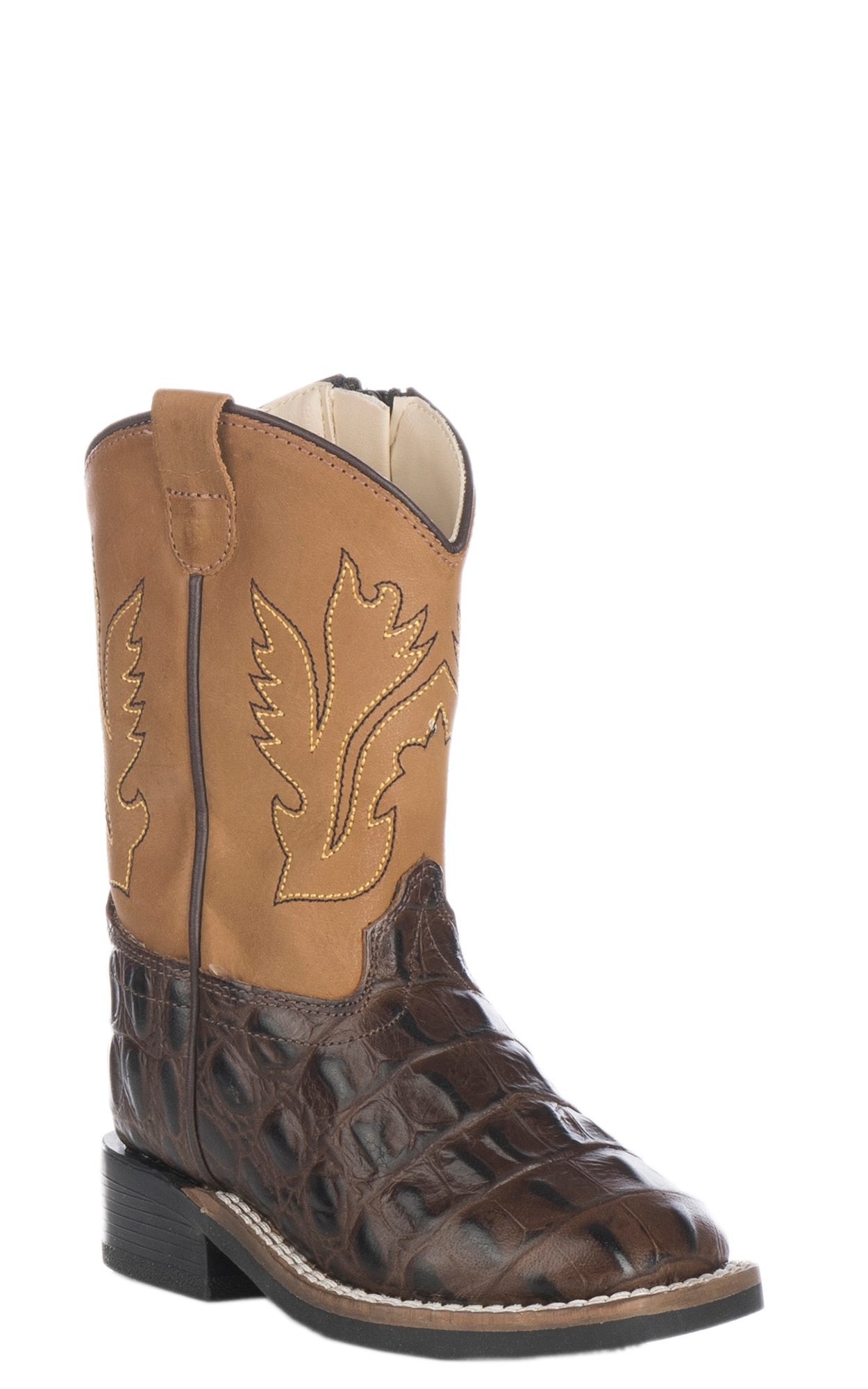 Old West Toddler Chocolate Croc Print and Tan Wide Square Toe Cowboy Boots - Image 1