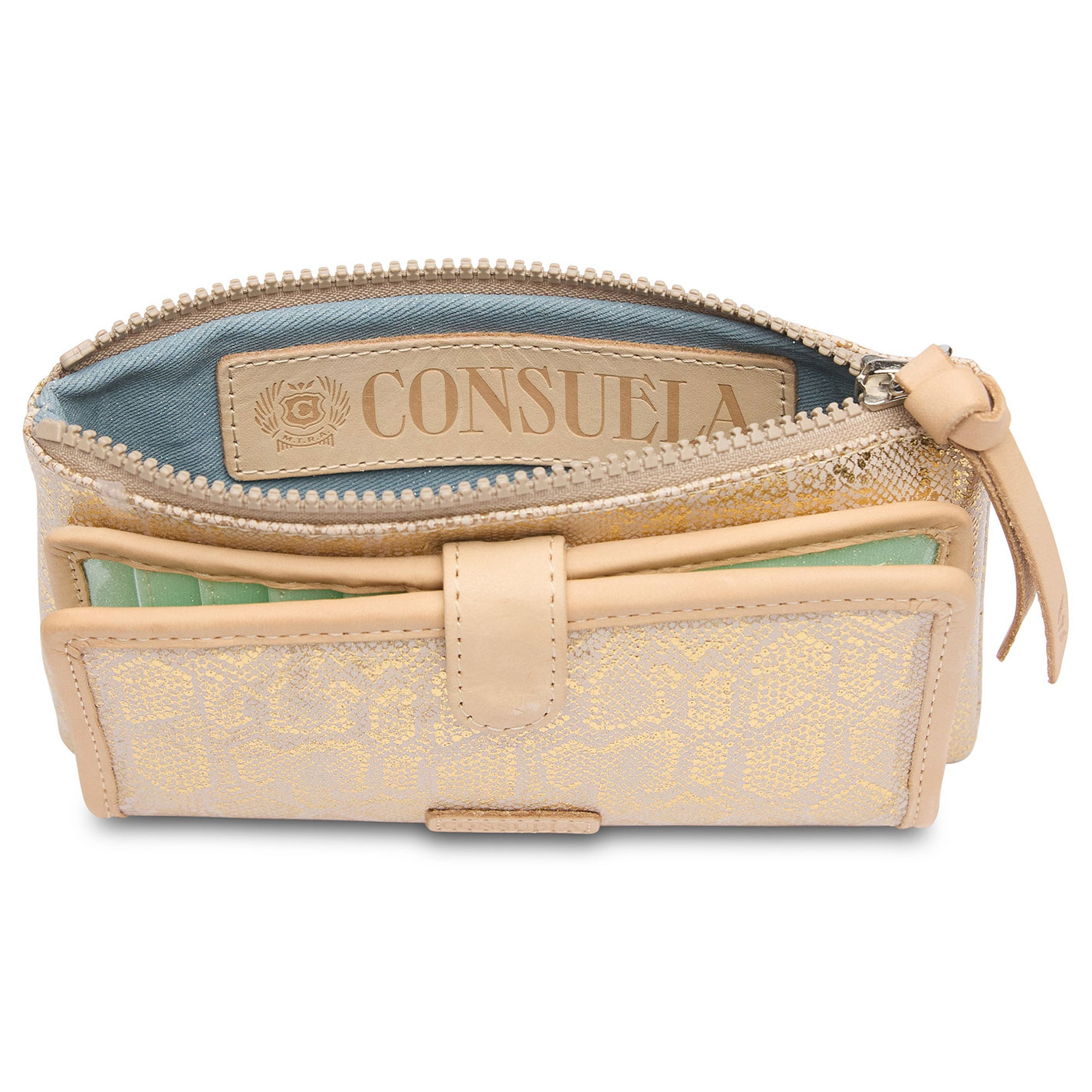 Consuela Leah Metalic Gold Snake Print Slim Wallet - Image 1
