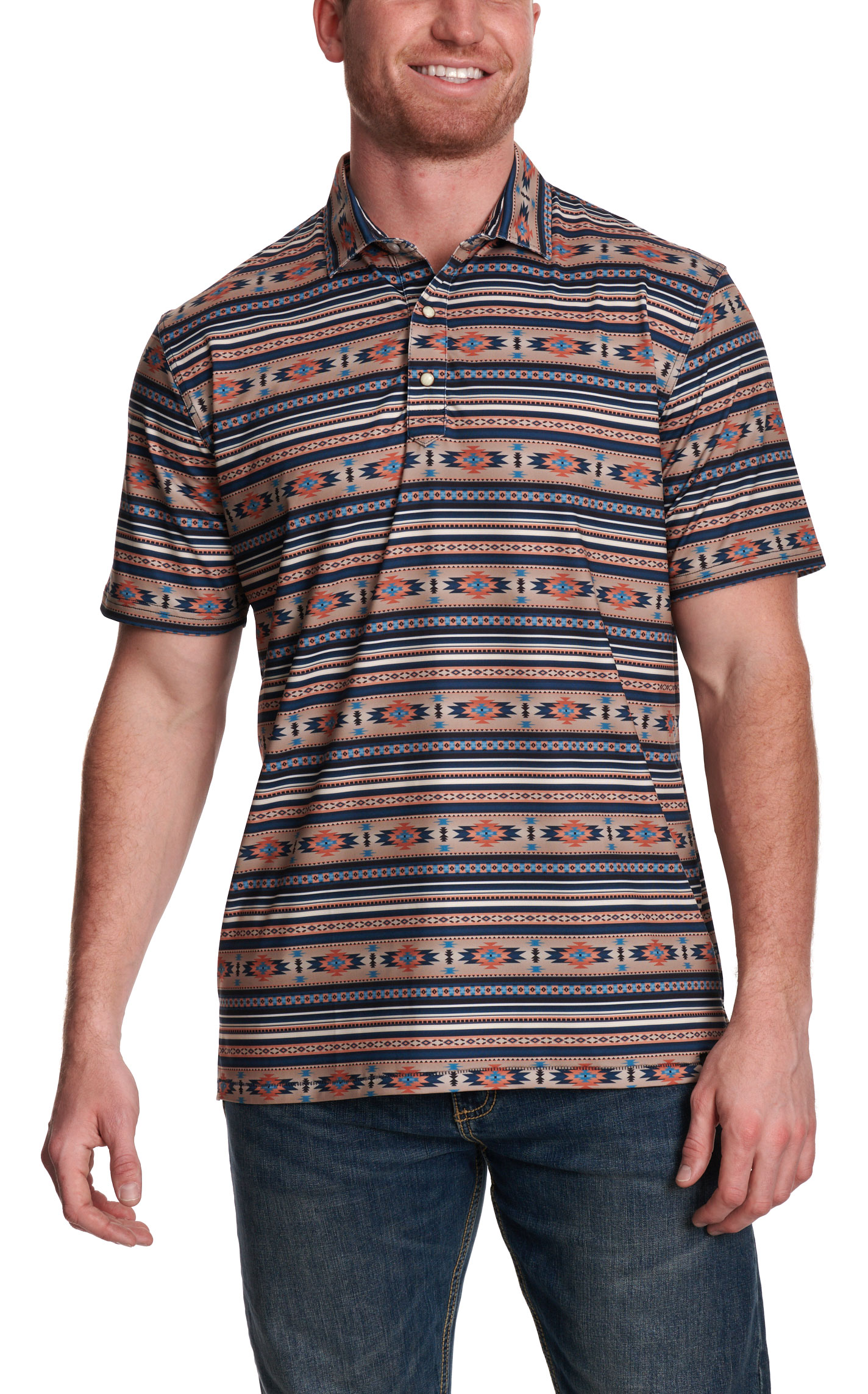 Rafter C Men’s Navy, Light Blue & Tan Aztec Polo Shirt - Image 1