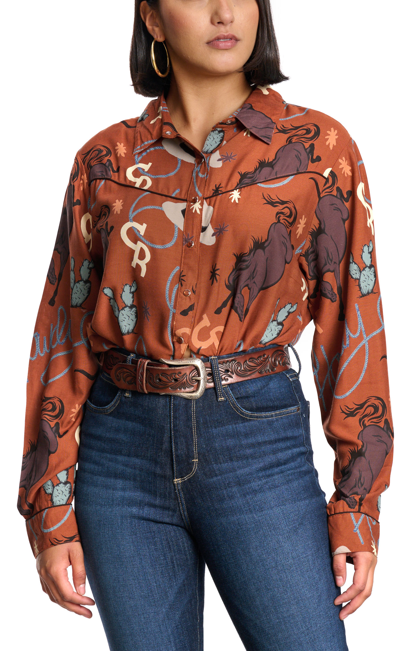 Cotton & Rye Women's Rich Rust Howdy Print Western Shirt - Image 1