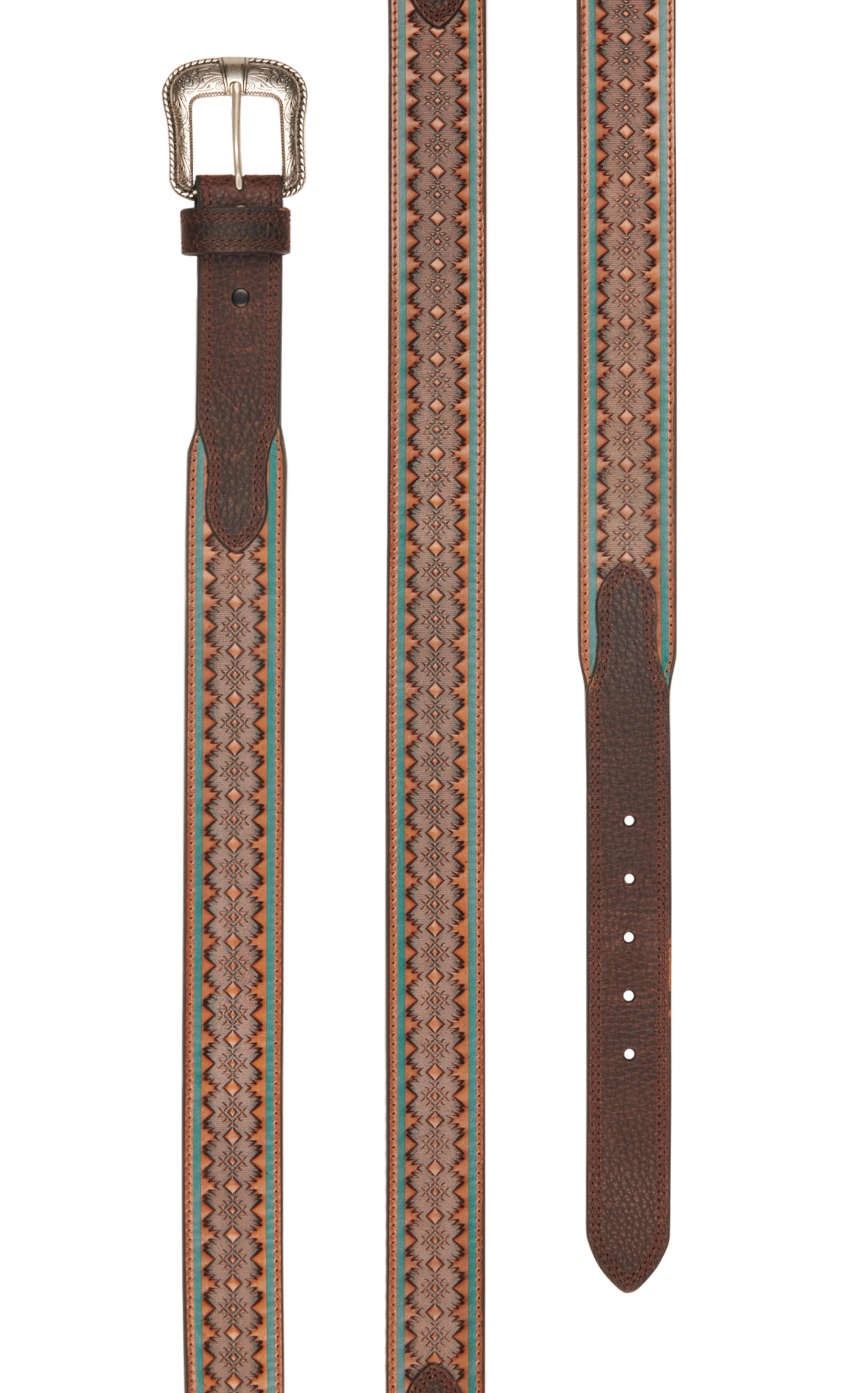 JP West Men's Brown Genuine Leather & Turquoise Aztec Tooled Western Belt - Image 1