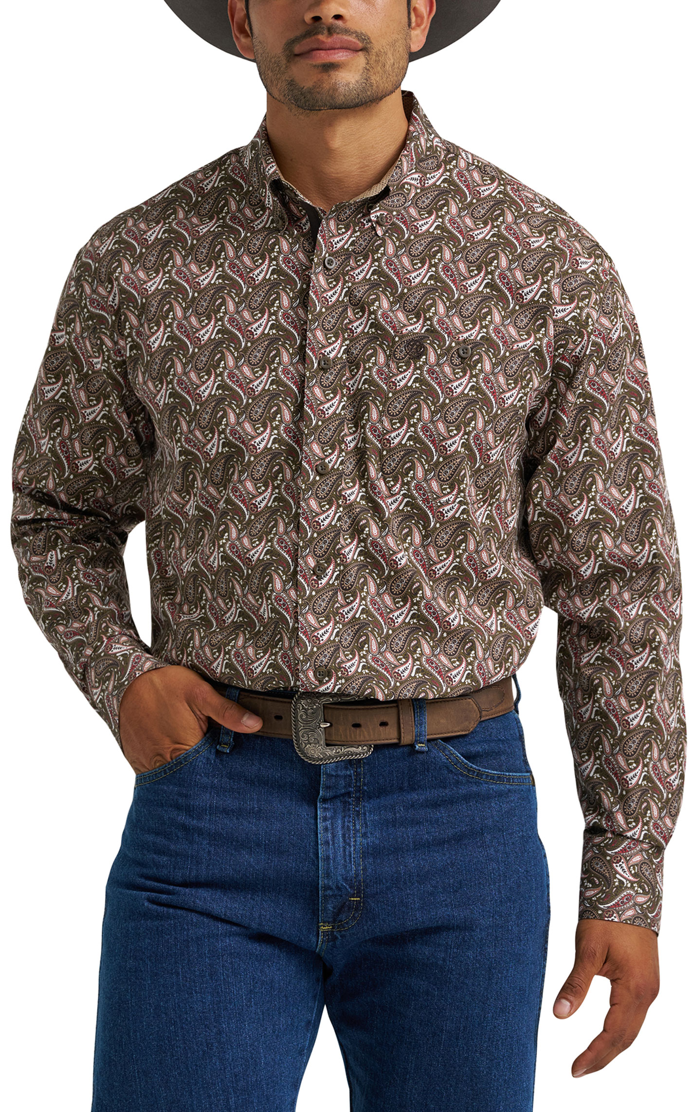 Wrangler George Strait Men's Brown & White Paisley Print Western Shirt - Image 1