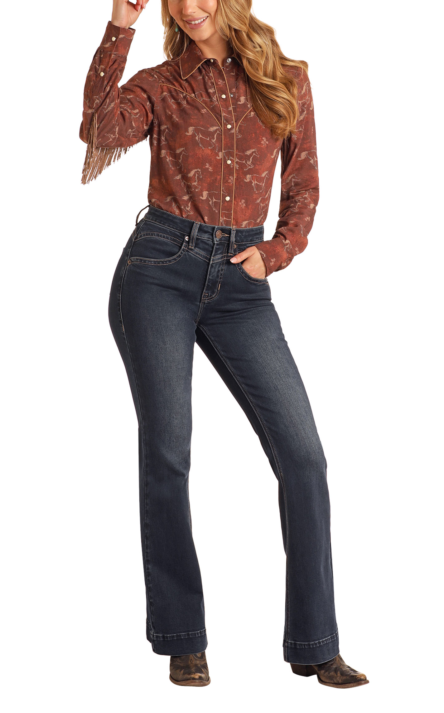 Rock & Roll Denim Women's Roan Brown Fringe Western Shirt - Image 1