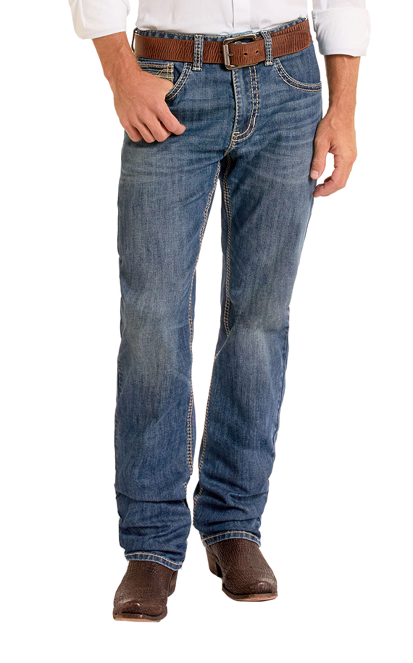 Rock & Roll Denim Men's Bravo Medium Wash Embroidered Pocket Boot Cut Jeans - Image 1